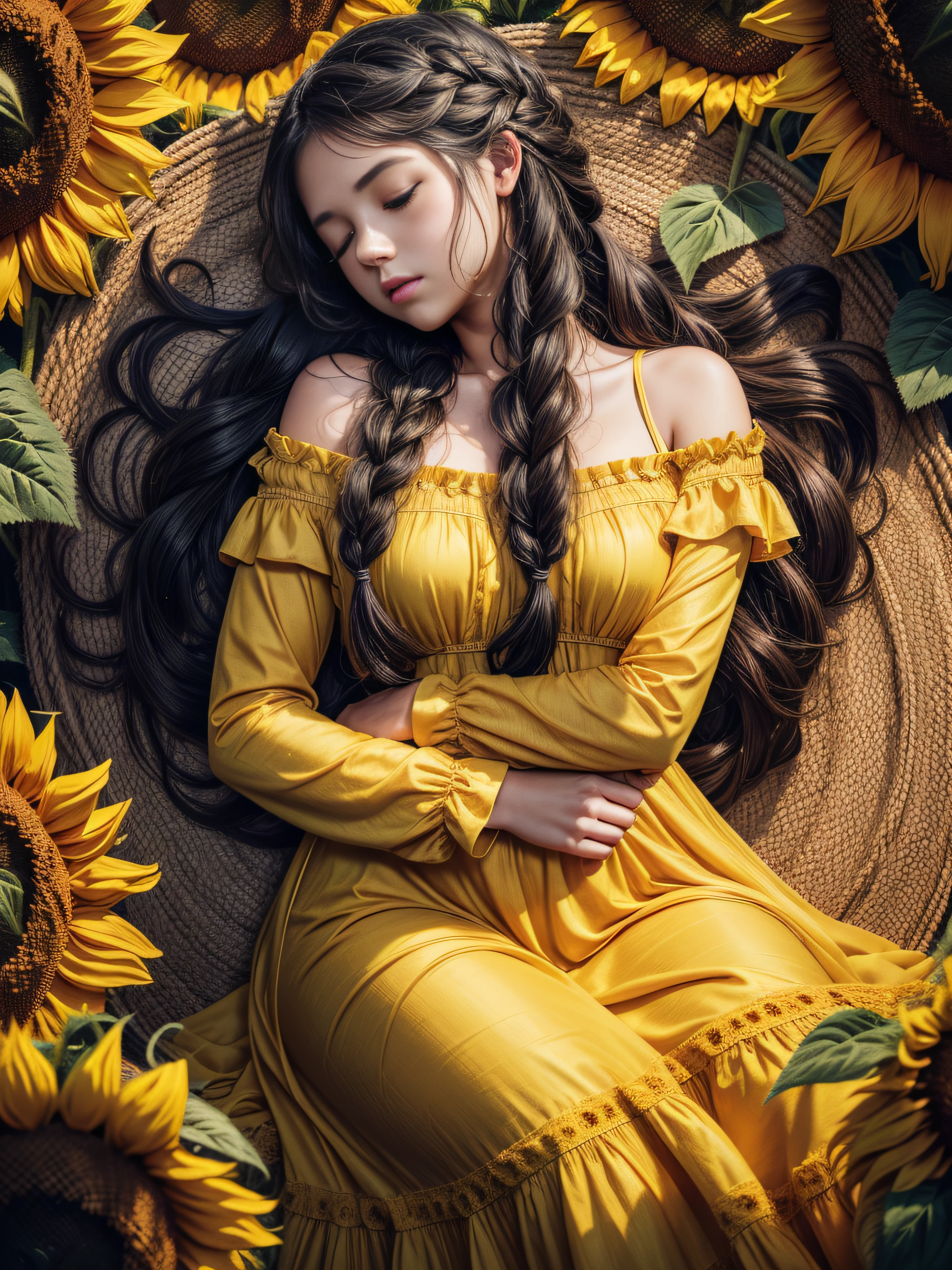 ((girl sleeping on big sunflower)), wearing over long dress, yellow dress, curly black long hair, the two braids over long hair, 8k, RAW photo, best quality, masterpiece, high detail RAW color photo, dramatic lighting, cinematic lighting, professional lighting,