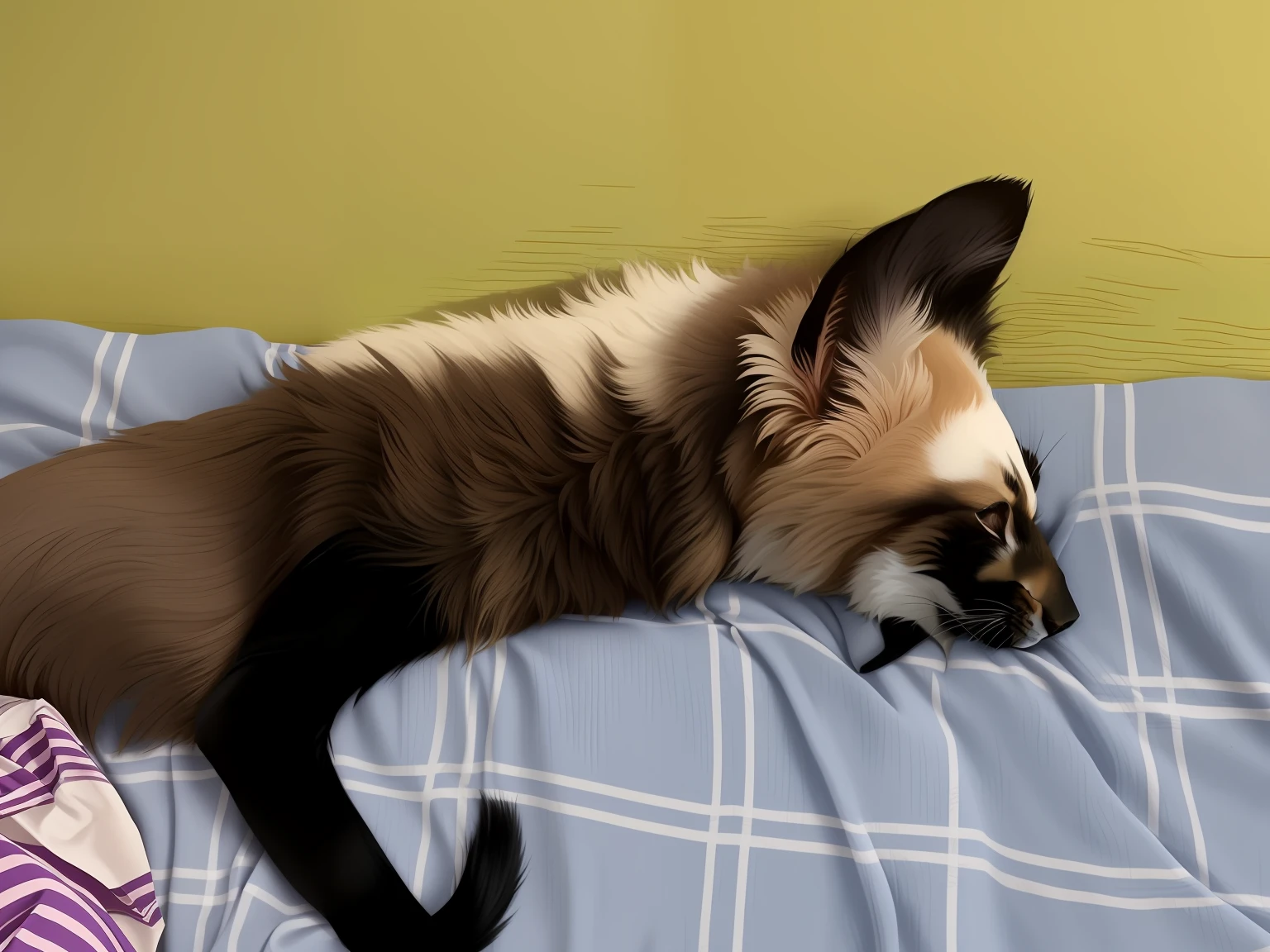Arakfi lay in bed,The bed was covered with a blue blanket and a blanket with pink and white stripes, she's lying on her back, lie on pillows, lying on his back, relaxed poses, he is very relaxed, doing an elegant pose, Lie on a furry blanket, Lay down, Lying on her back in bed, laying back on the bed