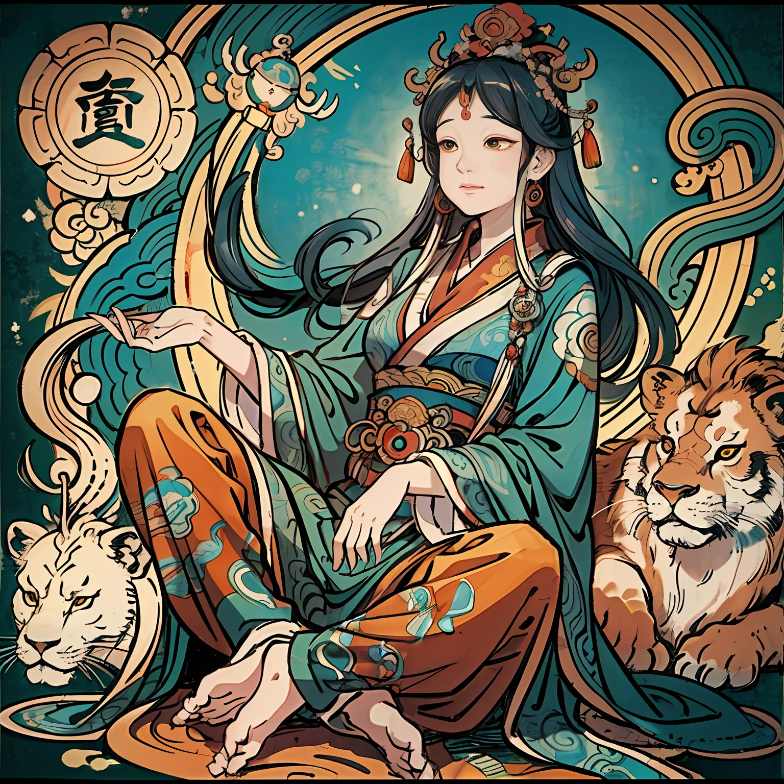 an ancient Chinese goddess, guanyin of the southern seas, Guanyin, Inspired by India, Avalokiteshvara rides a lion,,Serene expression,shui mo hua,Buddha,Buddhist,Lotus,Chinese painting style,Thangka style