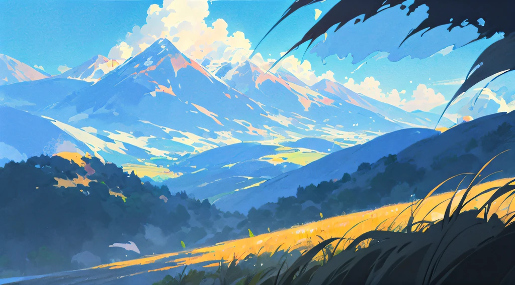 anime big breast, Field of anime, ghibli artstyle, Makoto Shinkai's style,detailed scenic view,scenecy,The mountains in the distance are undulating