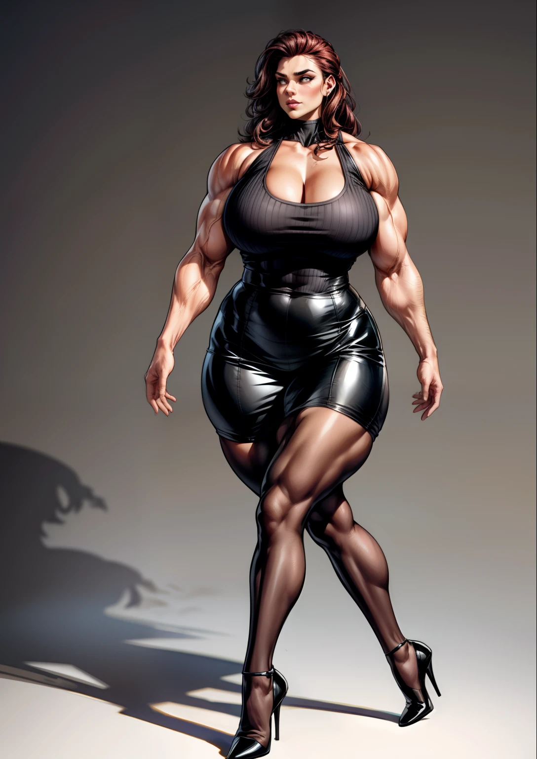 tmasterpiece，（Full body like:1.1），Burly woman，Exaggerated large muscles，Beautiful and charming woman face，walking pose，black lence stockings，high-heels，1female，Thin waist，Very broad shoulders，Huge latissimus dorsi， Oversized muscles，Strong and powerful arms，Stout arms，Thick and powerful leg muscles，long leges，