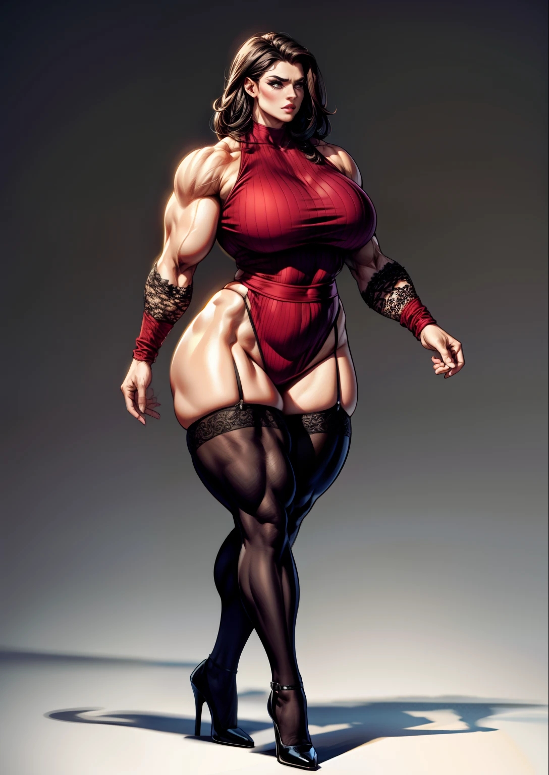 tmasterpiece,(Full body like:1.1),Burly woman,Exaggerated large muscles,Beautiful and charming woman face,walking pose,black lence stockings,high-heels,1female,Thin waist,Very broad shoulders,Huge latissimus dorsi, Oversized muscles,Strong and powerful arms,Stout arms,Thick and powerful leg muscles,long leges,