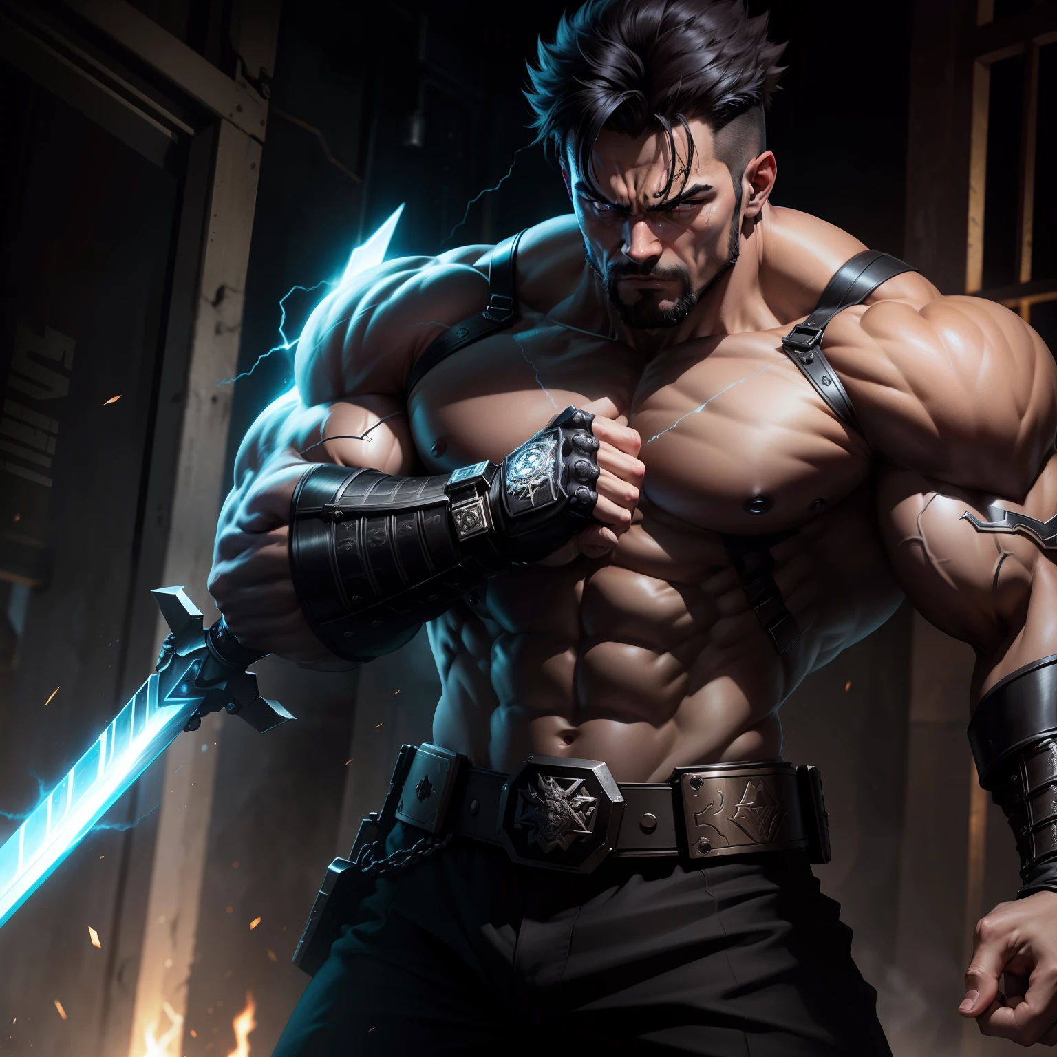 Tough guy、makina、strong、musculature、Machinary、metals、dark、high - tech、Domineering、massiness、Tight、strength、Cold、machine arm、Dynamic、Light、black in color、spark of light、Sword、blasts。