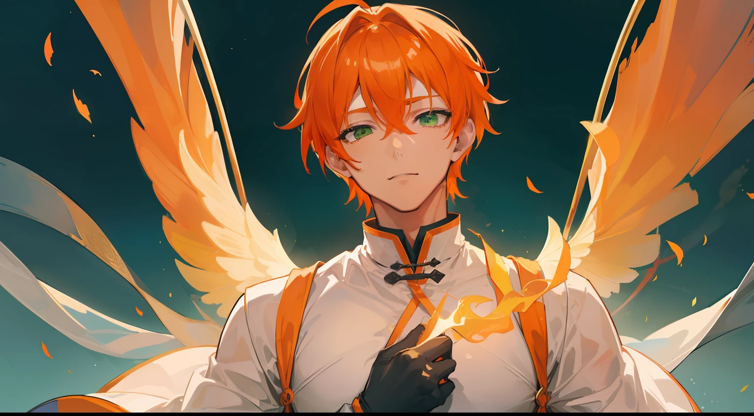 ((((One guy)))),Close your eyes and laugh,(((Guy))), (((man))), (((Man's))),(((masutepiece))), (((Beautiful lighting))),(((muscular))),(((man))),),(((Green eyes))),(((Orange hair))), Male face,male eyebrows, Male Eyes, Eyelashes, Medium Hair,Beautiful face, v shaped_eyebrow,White skin,Transparent wings,Chinese_Clothes,(((Black clothes,)))garters_lanyard, See-through,The light of the Buddha shines, holy,