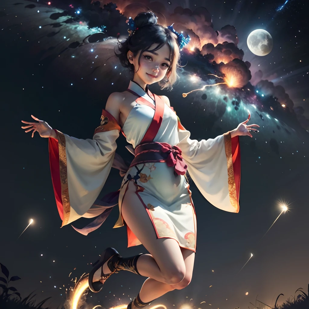 (masterpiece),best quality,good anatomy,shuimobysim,(1 girl:1),(The upper part of the body),(smile),short detailed hair,(hanfu),(ecchi0.5),(trees:0.5),(meteors:0.2) ,(rios:0.2),levitating,flight,(Crooked moon🌙:0.6),Floating in the night sky