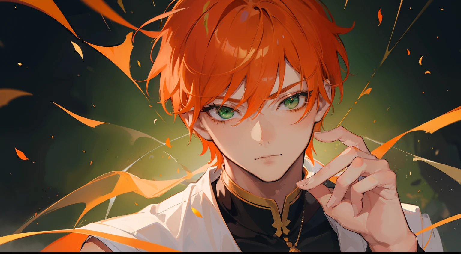 ((((One guy)))),Close your eyes and laugh,(((Guy))), (((man))), (((Man's))),(((masutepiece))), (((Beautiful lighting))),(((muscular))),(((man))),),(((Green eyes))),(((Orange hair))), Male face,male eyebrows, Male Eyes, Eyelashes, Medium Hair,Beautiful face, v shaped_eyebrow,White skin,Transparent wings,Chinese_Clothes,(((Black clothes,)))garters_lanyard, See-through,The light of the Buddha shines, holy,