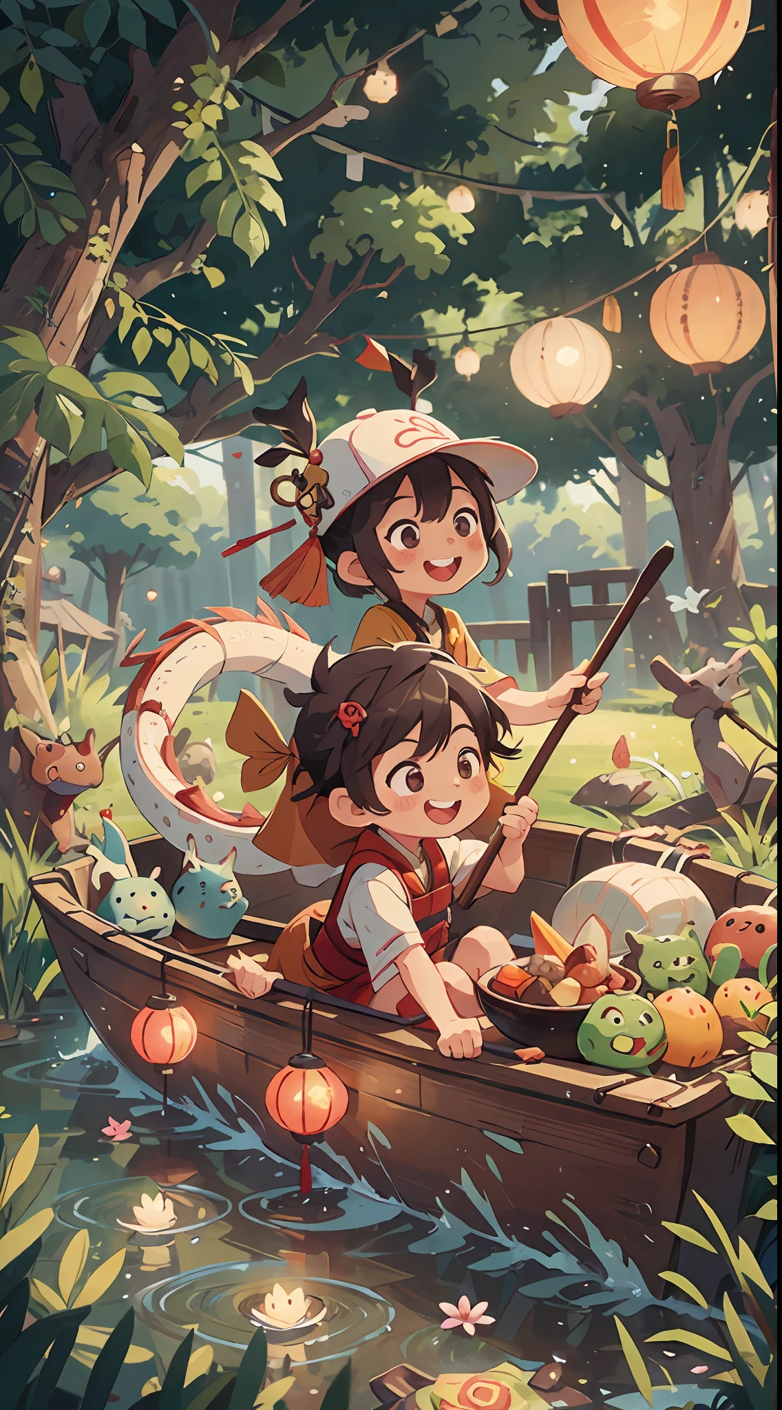 Chinese Dragon Boat Festival scene, a cute boy from Chinarowing a Chinese dragon boat, he is happy and smiling, ricedumplings, lotus lanterns floating in the river, bright background, filmshot, art nouveau style, organic smooth lines, futuristic Colorful wavesof pie, intricate and bizarre illustrations, swirls, colorful turbulence,high-resolution ultra-detailed --s 400