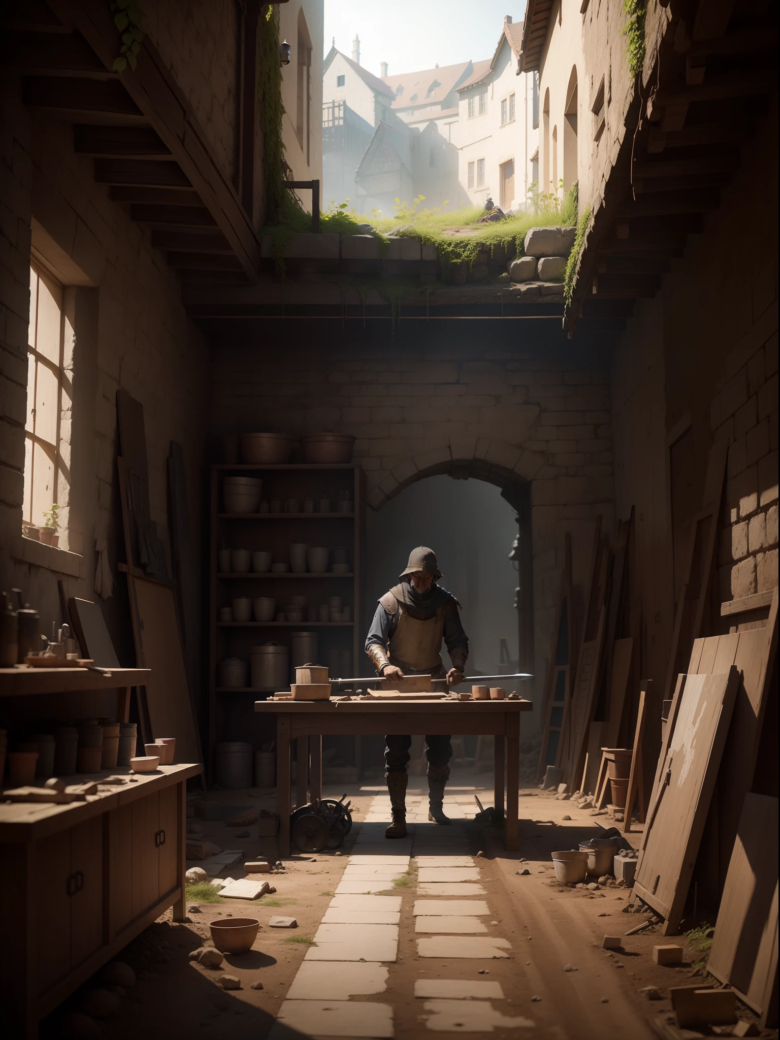 Medieval workshop,people at work,moisty,Dirt pavement,Dark style,A tranquil,Gothic,hammers,The sword,smelting,thrash,HD RAW photos,HDR effect,Unreal Engine 5's drawing style。