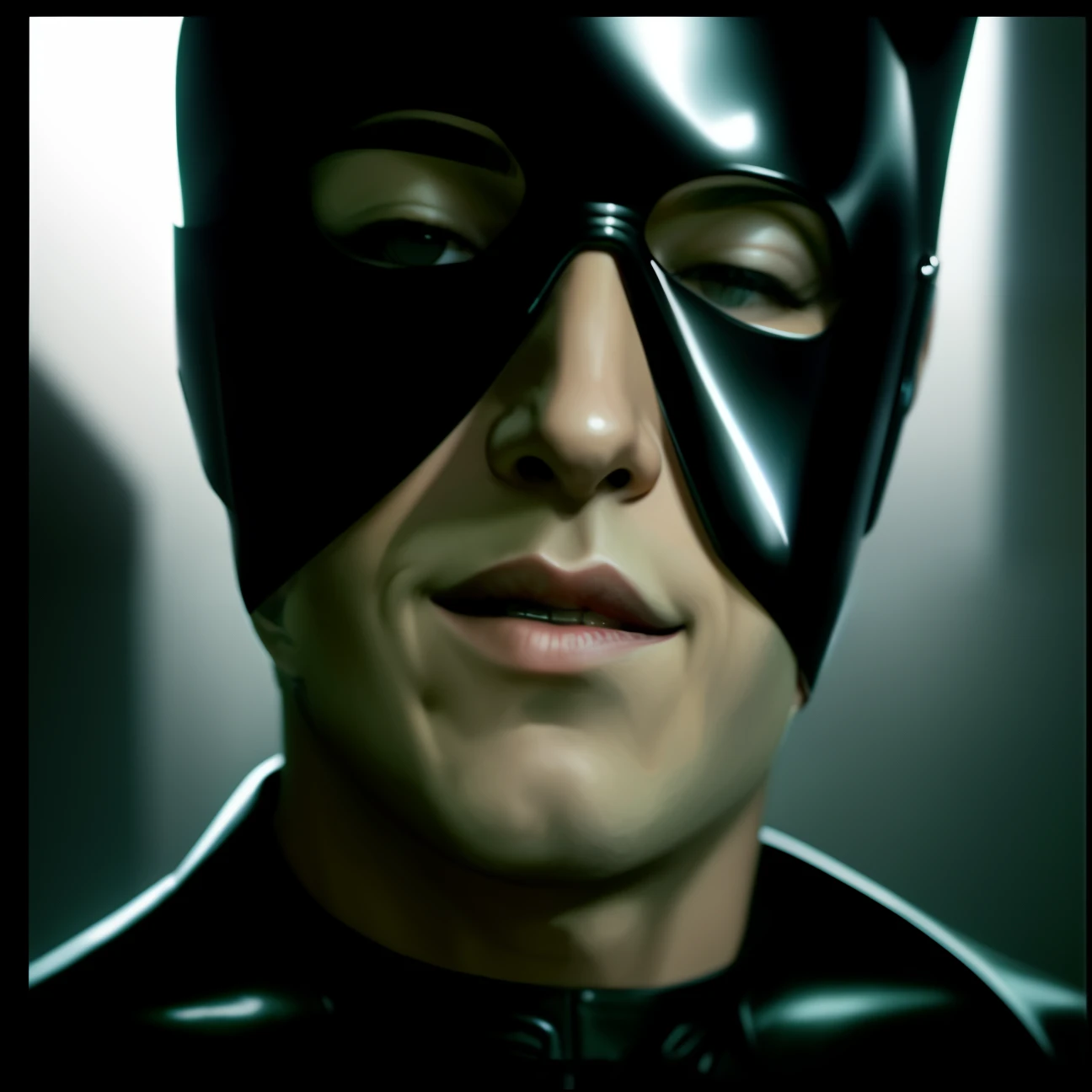 Draw a man wearing a black leather mask，There are nails in the head, Dominatrix, Mark Zuckerberg as Catwoman, Mistress, Inspired by Earl Burge, dominatrix robot, inspired by Yasutomo Oka, Marlon Brando as Baron Harkonnen, inspired by Rudolf Hausner, pulp character portrait, catman, Black mask, from movie batman, movie scene close up