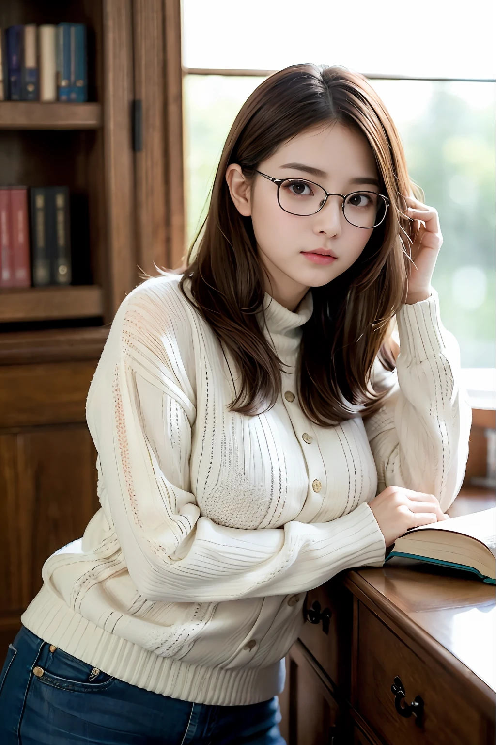 randome pose、top-quality、超A high resolution、(Photorealsitic:1.5)、女の子1人、Sweaters、book library、(Brown hair:1.2)、(huge-breasted:1.2)、looking at viewert、a closeup、full body Esbian、Nasty eyes、Thin glasses