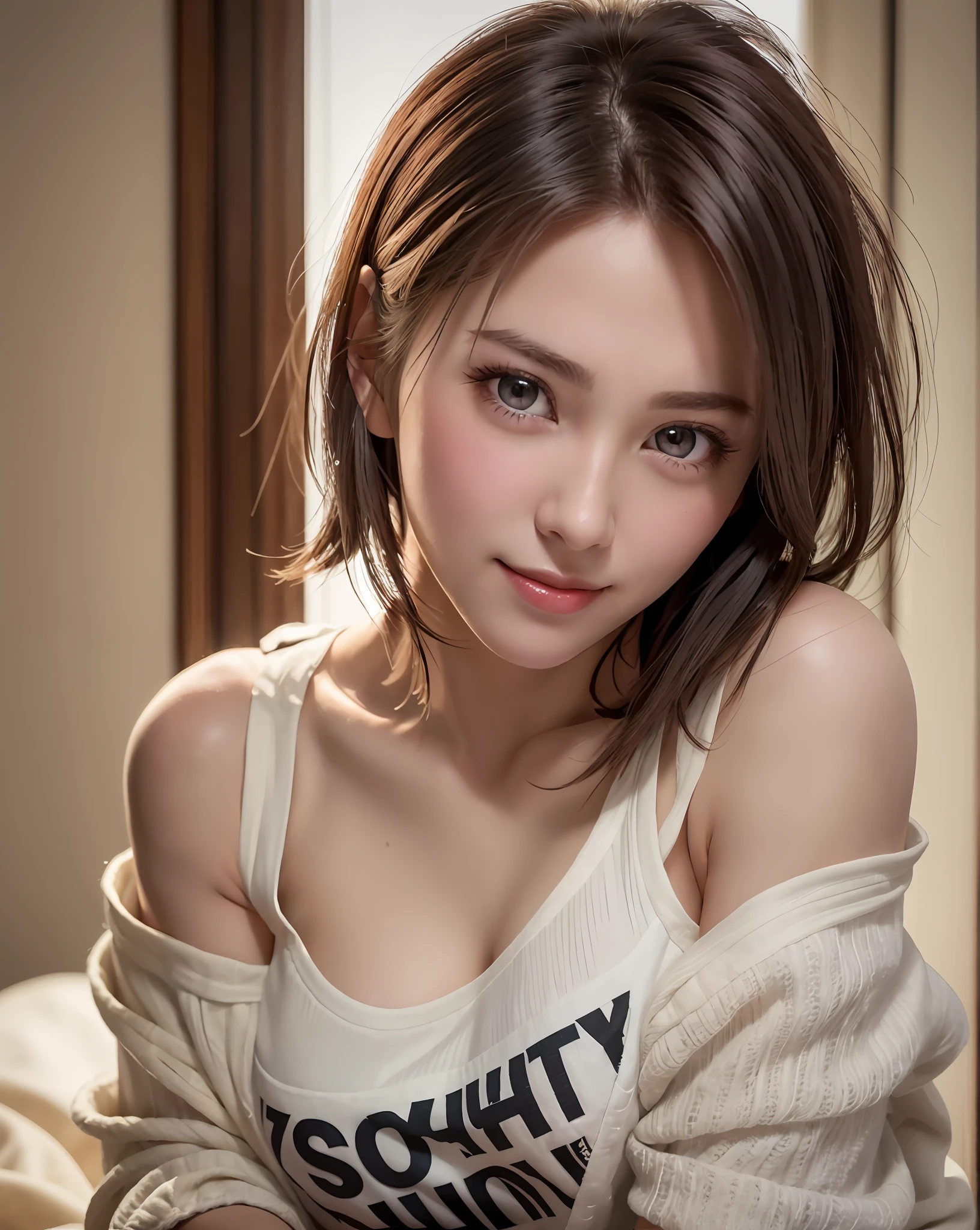 Best Quality, Ultra High Resolution, (Photorealistic: 1.4), Beautiful Eyes, Super Beautiful, Very Short Hair, Beautiful, Sweetheart, T-shirt with Rough Chest, Beautiful Soldier, Eyes That Invite Viewer, Lover's Perspective, Inviting Expression, Sexy Smile, Perfect Style, Perfect Balance, Detailed Skin, Naughty Gaze, Chest Visible