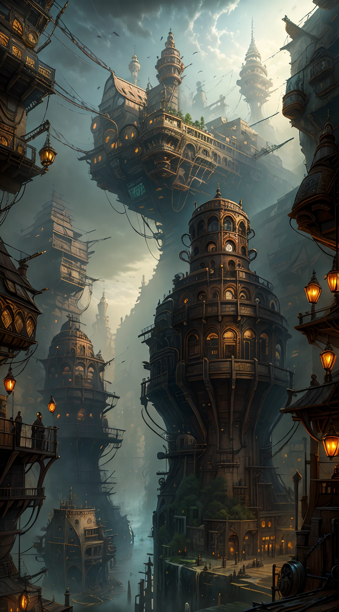 Industrial age city，Deep valley in the middle，architectural streets，bazaars，Bridges，Rainy sky，Airship in the sky，Steampunk futuristic style，western architecture，Isometric scenario，Outstanding details，