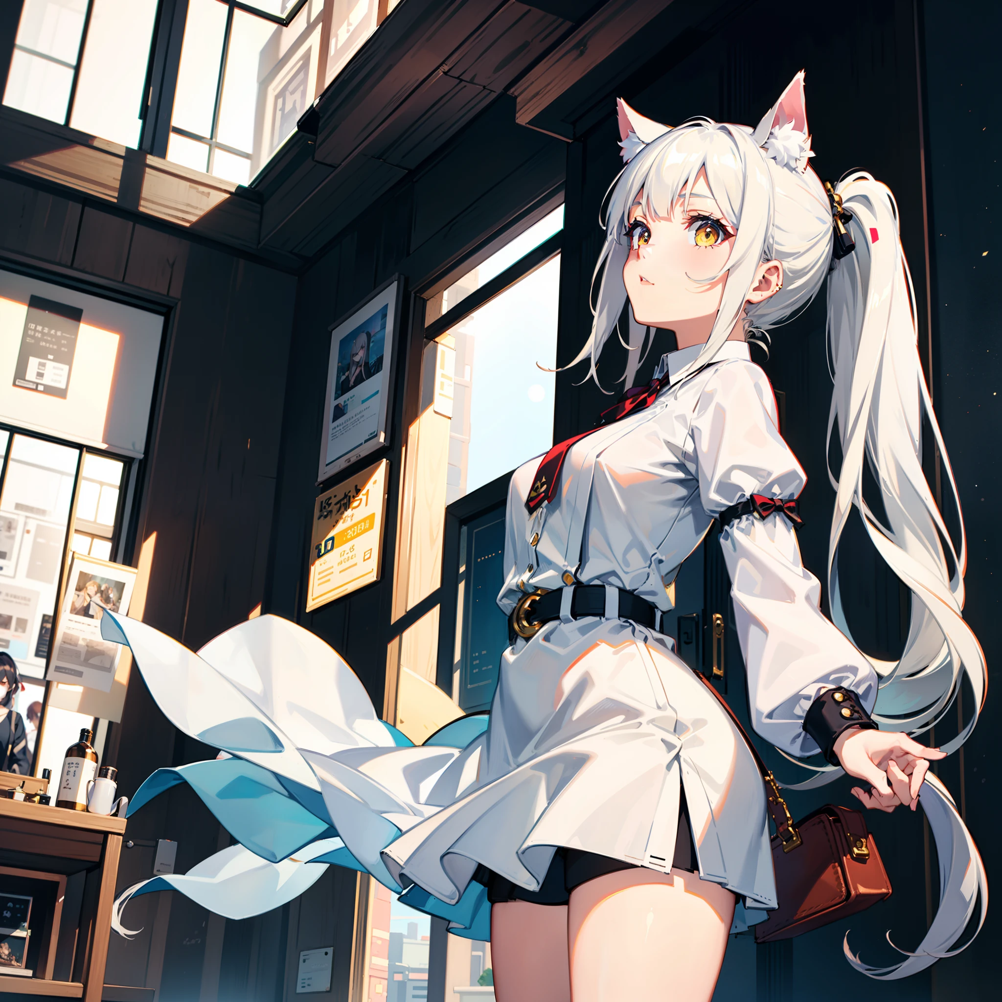 ((tmasterpiece)), Flat bangs,(美丽细致的眼睛), (1girll), looking at viewert, Long white hair,Single ponytail hair,Long white horse ears,Yellow eyes, medium boob,white stockings,Male focus,独奏,casual-style,Black suspenders,solo person,Look up at the perspective,short skirt