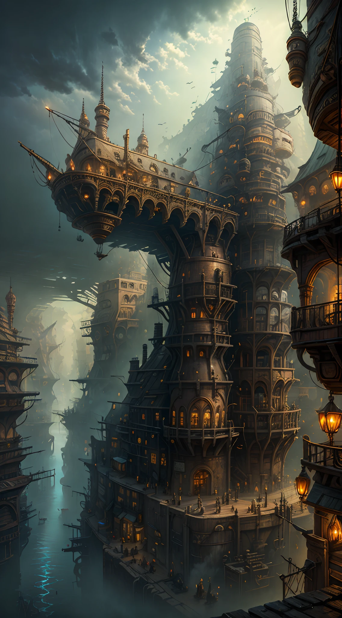 Industrial age city,Deep valley in the middle,architectural streets,bazaars,Bridges,Rainy sky,Airship in the sky,Steampunk futuristic style,western architecture,Isometric scenario,Outstanding details,