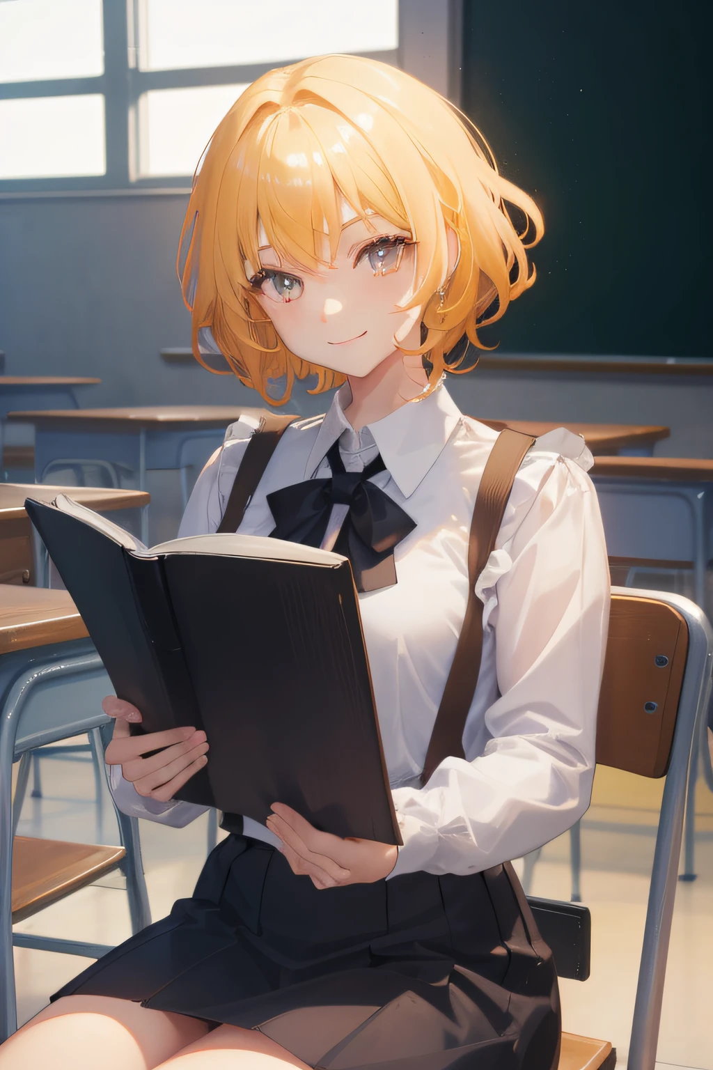 A beautiful girl, anime style girl, yellow hair, curly hair, short hair, shoulder-length hair, silver eyes, smiling, dark-red blazer, white shirt, long slaves, black skirt, sitting on the chair, holding book, classroom background, desks, chairs, smiling, bright, 8k, super detail, masterpiece, high quality, high resolution, high detail, high face detail, happiness, HD quality