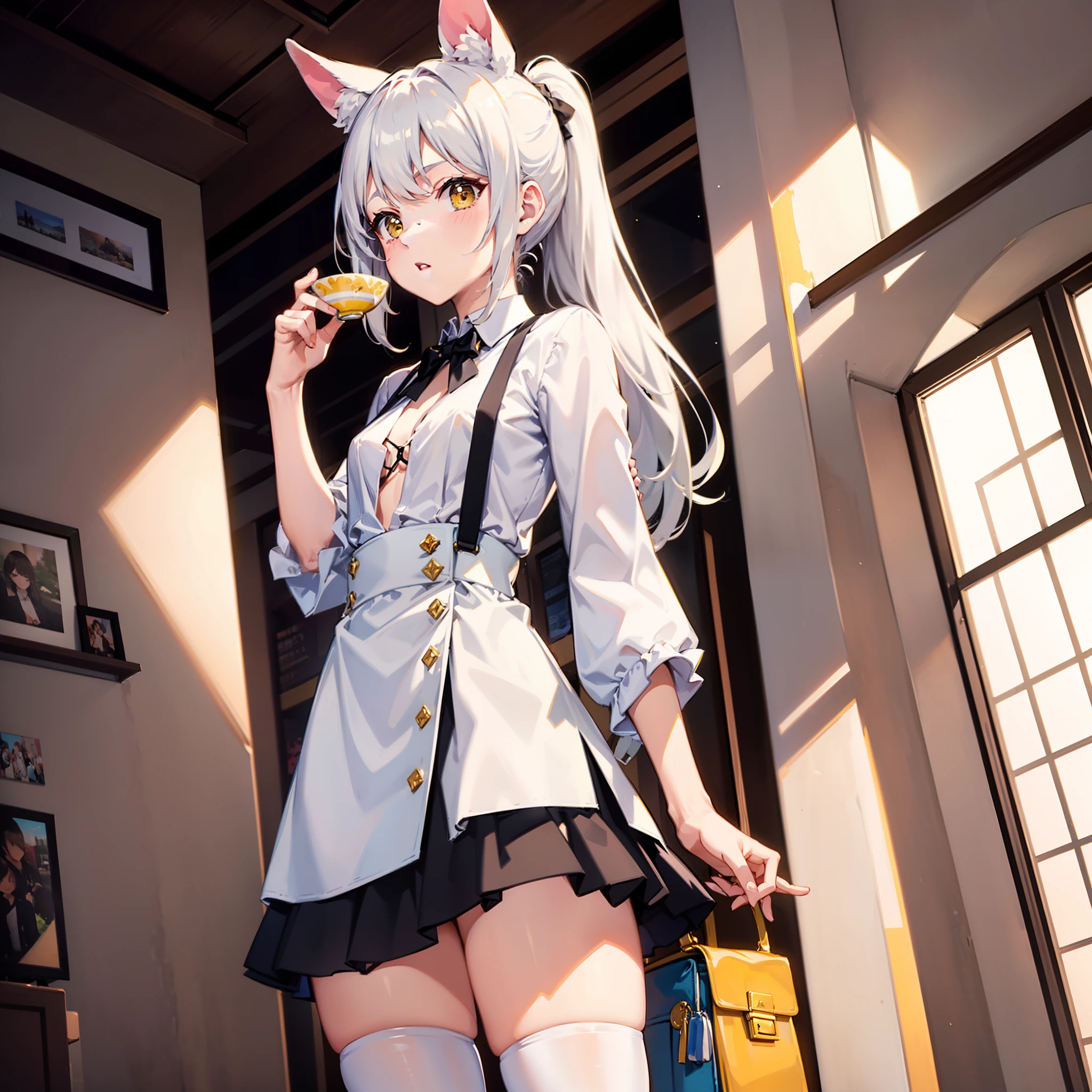 （（tmasterpiece）），  Flat bangs，（美丽细致的眼睛）， （1girll）， looking at viewert， Long white hair，Single ponytail hair，Long white horse ears，Yellow eyes，  medium boob，white stockings，Male focus，独奏，casual-style，Black suspenders，solo person，Look up at the perspective，short  skirt