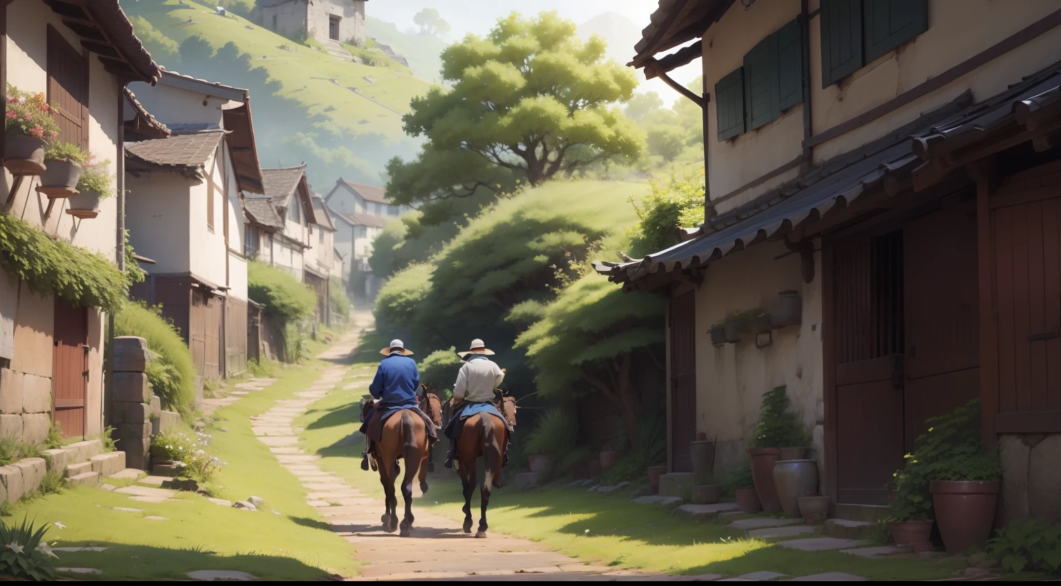 The backs of two men rode on horsebacks,Wearing osmanthus and a wine jug,Walk the village paths