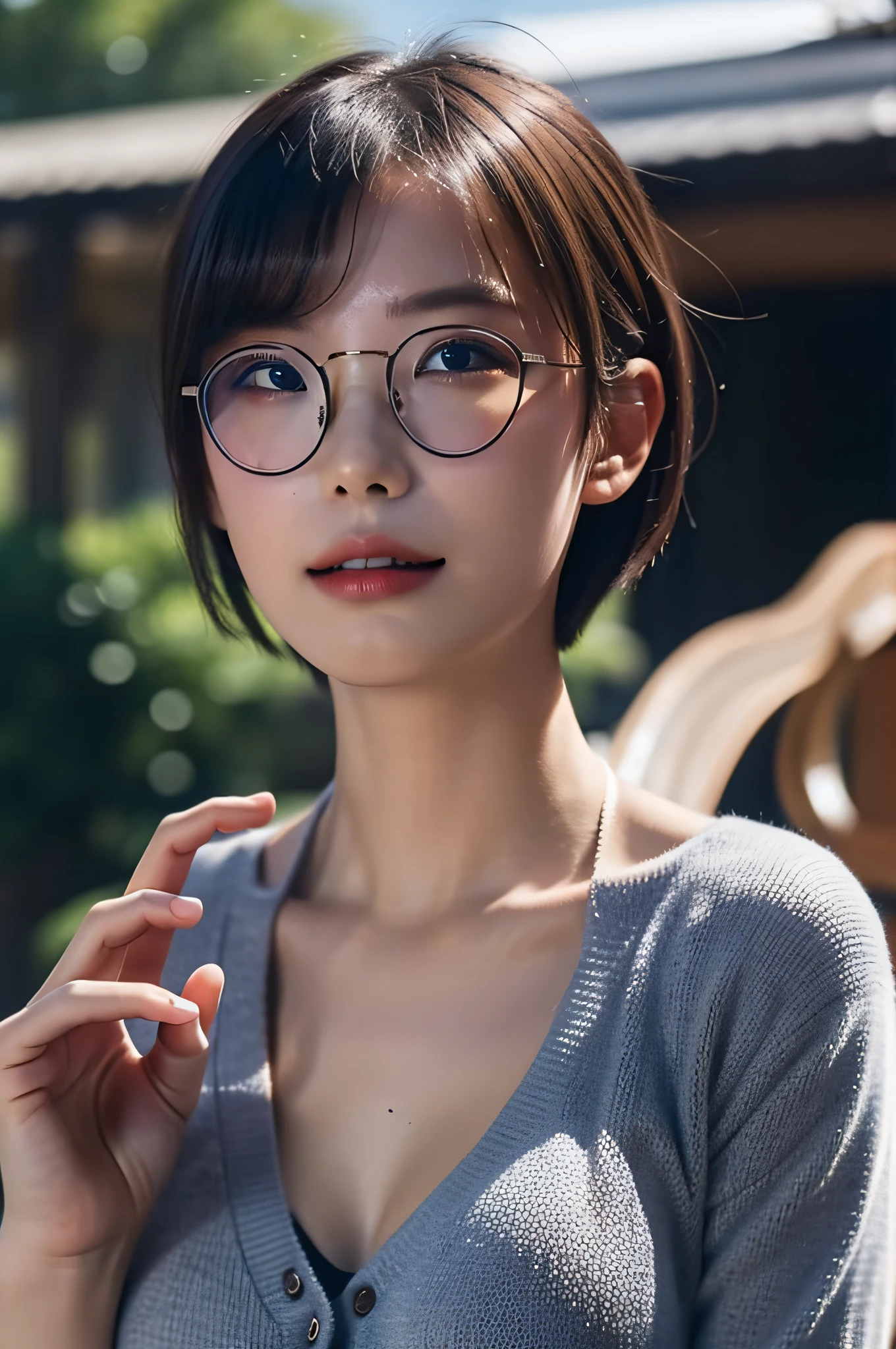 ((Best quality, 8k, Masterpiece :1.3)), 1girl, Pretty woman with slender abs :1.3, (Medium-short hair, Huge breasts :1.2), Cardigan :1.1, Ultra-detailed face, Detailed eyes, Double eyelid, glasses