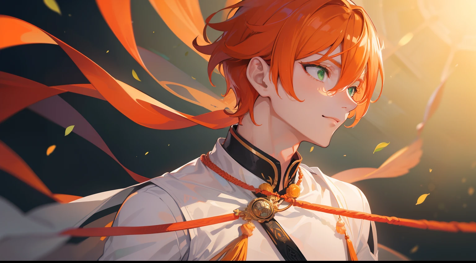 profile((((One guy)))),close your eyes and laugh,(((Guy))), (((man))), (((Man's))),(((masutepiece))), (((Beautiful lighting))),(((muscular))),(((man))),),(((Green eyes))),(((Orange hair))), Male face,male eyebrows, Male Eyes, Eyelashes, Medium Hair,Beautiful face, v shaped_eyebrow,White skin,Transparent wings,Chinese_Clothes,(((Black clothes,)))garters_lanyard, See-through,The light of the Buddha shines, holy,