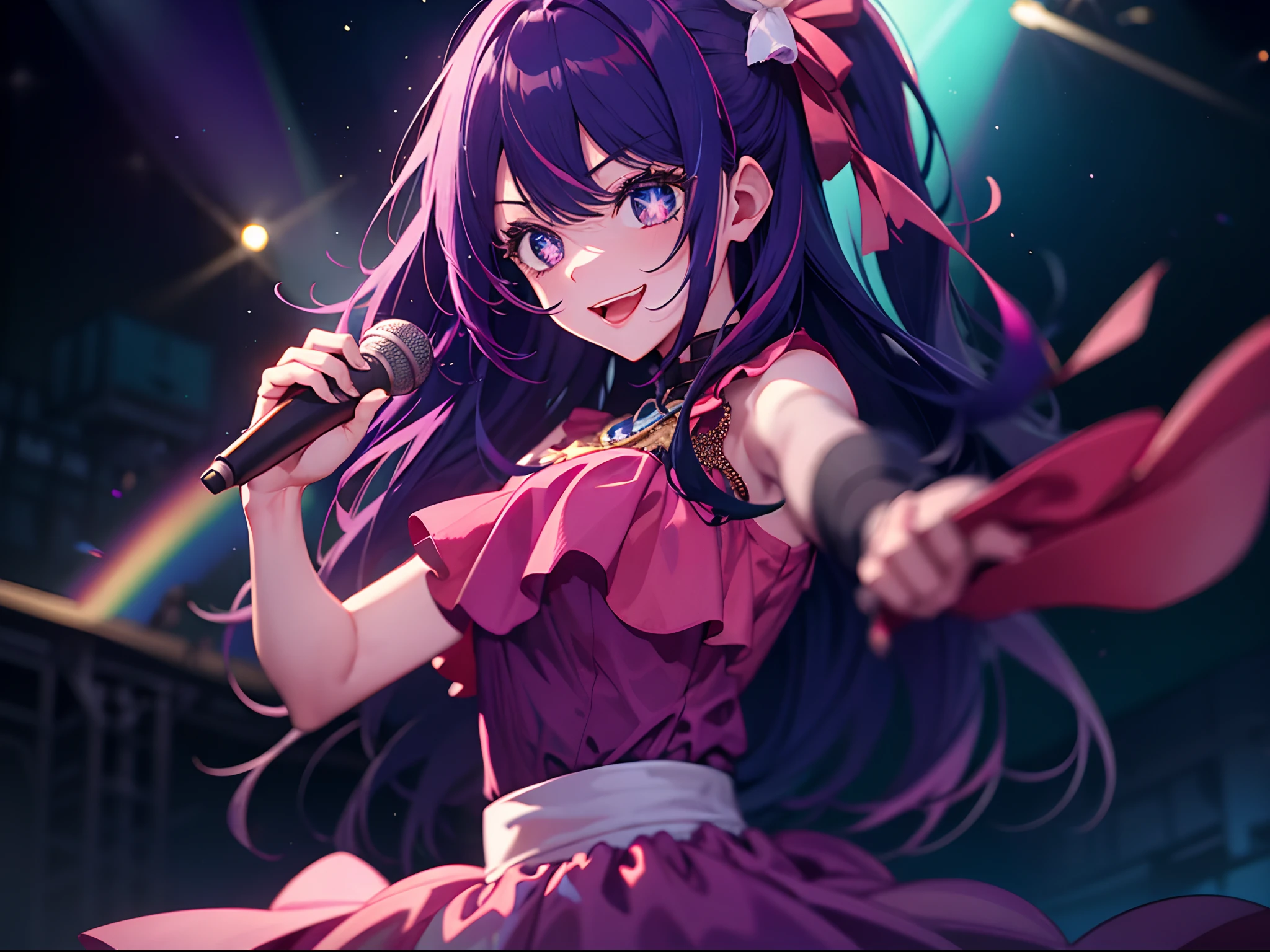 "Masterpiece, intricate details, vibrant colors, (1 girl: 1.2), captivating idol with striking purple hair and a charming smile, wearing a stunning pink dress adorned with stars, mesmerizing starry eyes, performing on a dazzling stage, gracefully dancing while holding a microphone, viewers cheering at her under the stage,with an alluring touch of playfulness and a hint of tongue sticking out, in breathtaking 8k resolution."