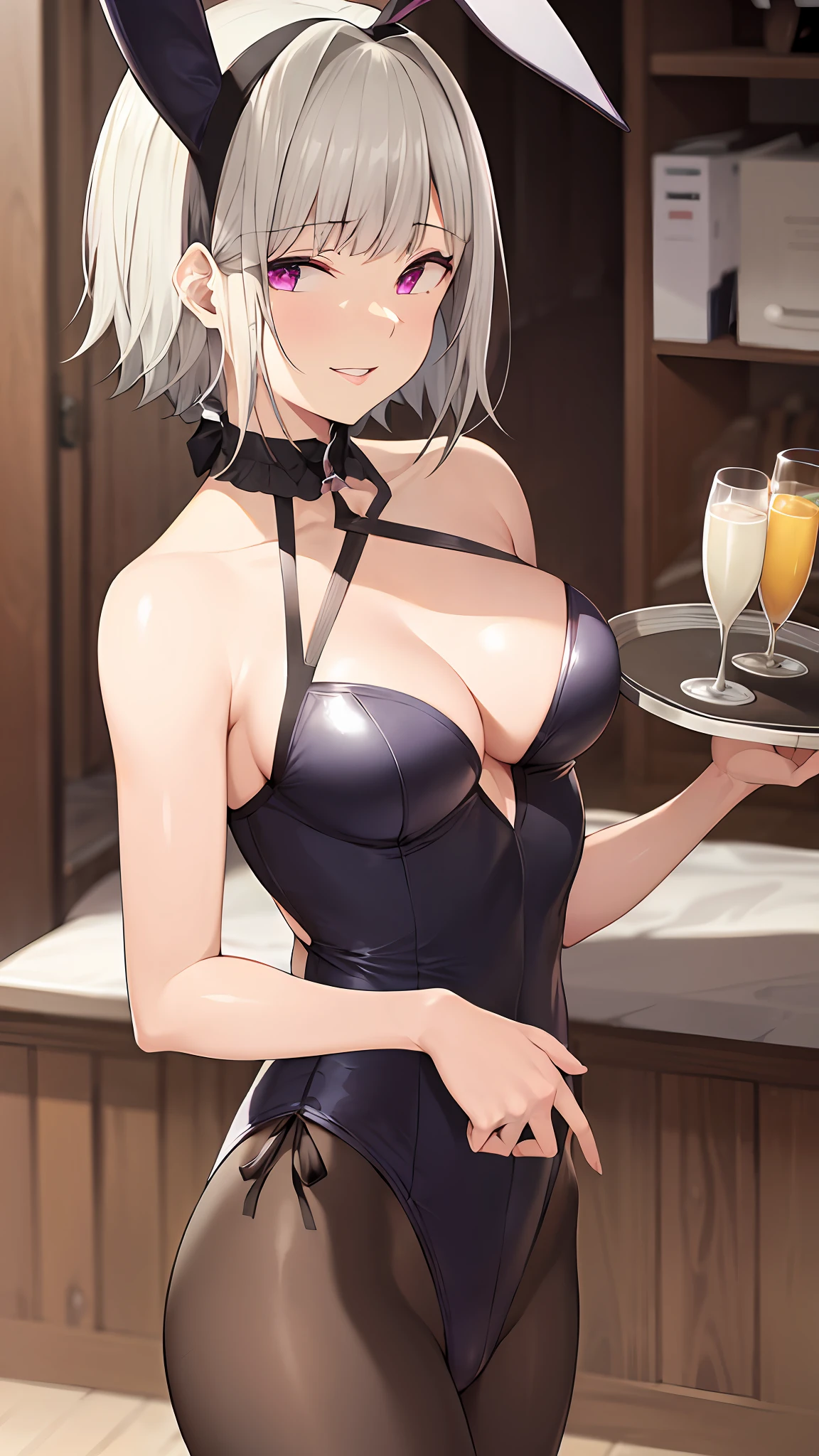 masterpiece, absurdres, (intricate details), (colorful),cinematic lighting, bust shot, extremely detailed CG unity 8k wallpaper, 1girl, white hair, short wavy hair, bob cut, purple eyes, light smile, parted lips, average breasts, cleavage, fake animal ears, choker, red leotard, black playboy bunny, tray, champagne,  smile, looking at viewer, cowboy shot,