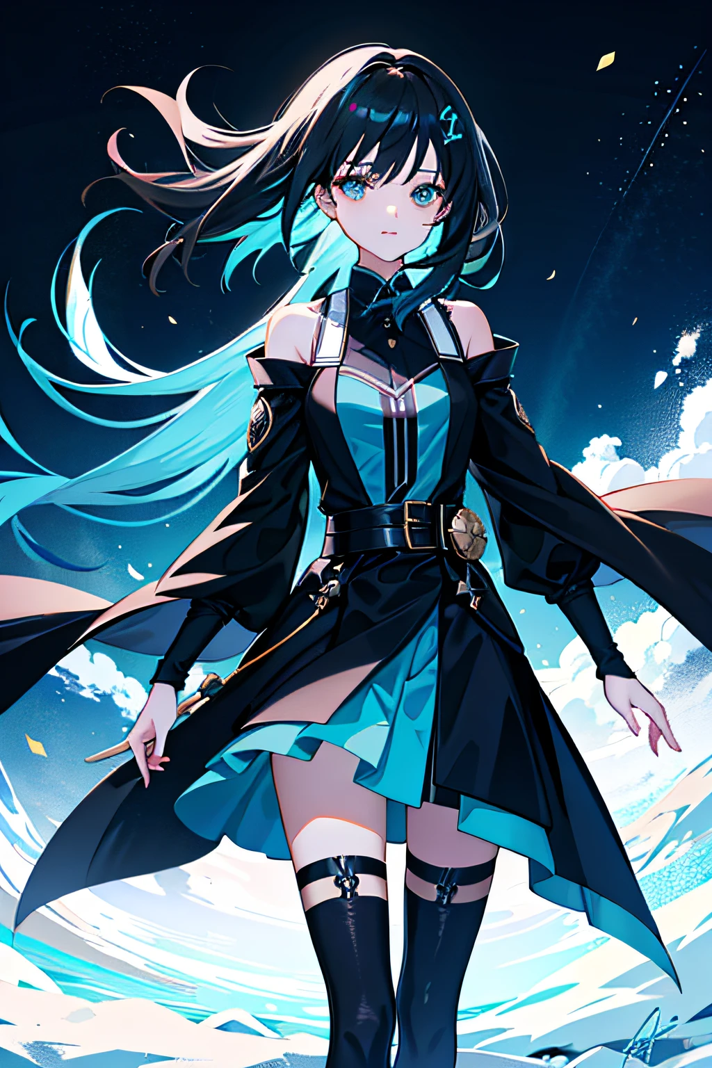 s girl,Cold and glamorous,ancient wind,black color hair,dual horsetail,Light cyan robe,k hd,tmasterpiece