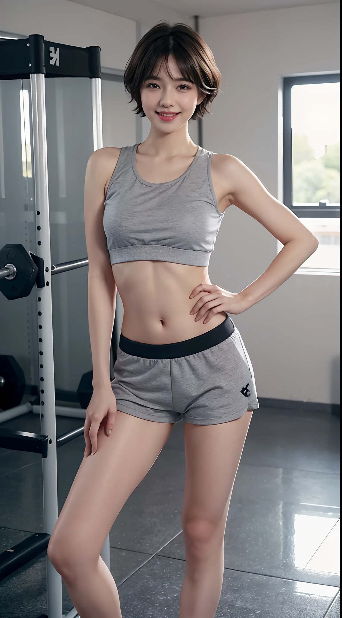 Shooting boyish short hair、(Colossal tits:1.5、Gray transparent sportswear、sports gym、Power Rack、full body seen、The navel is visible、are visible、A sexy)、A smile、small head、bangss、chee、short wavy hair、small head、pale pink lip、Smiling smile
