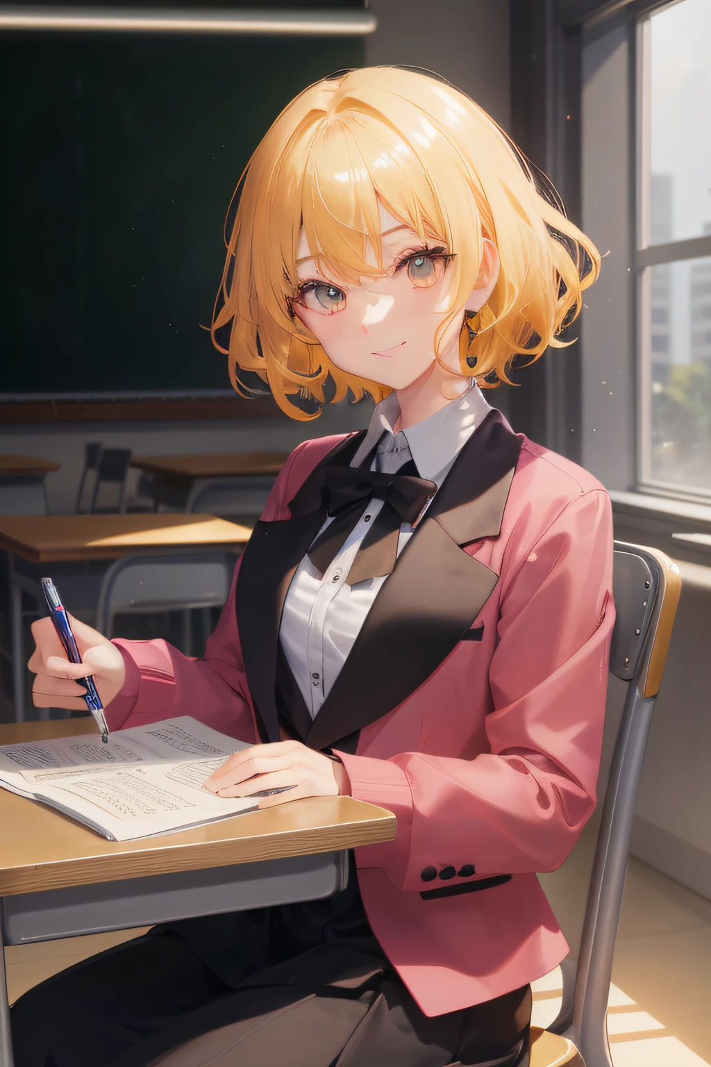 A beautiful girl, anime style girl, yellow hair, curly hair, short hair, shoulder-length hair, silver eyes, smiling, ((dark-red blazer)), white shirt, long slaves, black skirt, sitting on the chair, holding small book, closing book, holding pen, classroom background, desks, chairs, smiling, bright, 8k, super detail, masterpiece, high quality, high resolution, high detail, high face detail, happiness, HD quality