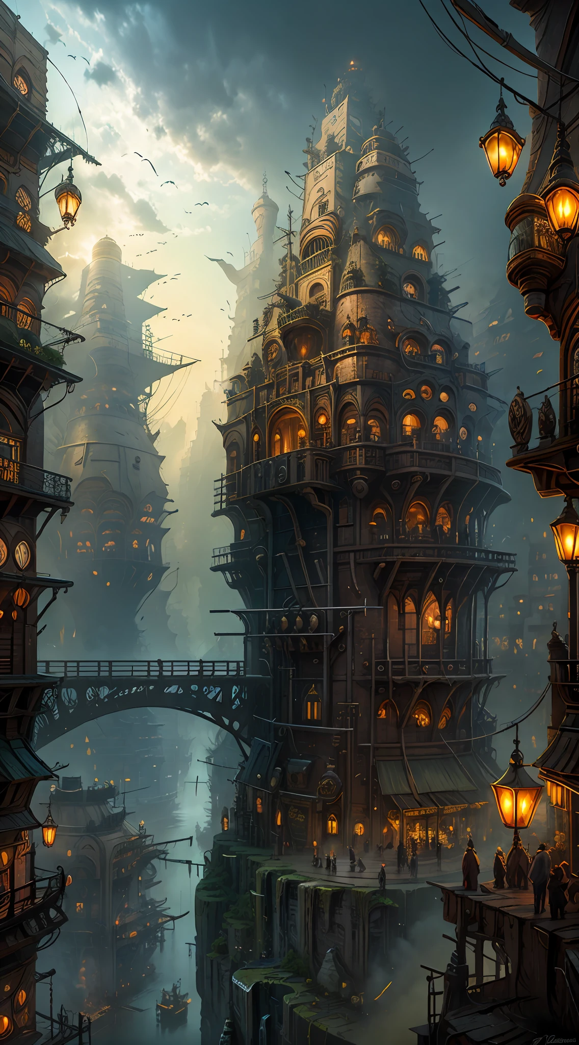 Industrial age city，Deep valley in the middle，architectural streets，bazaars，Bridges，Rainy sky，Airship in the sky，Steampunk futuristic style，western architecture，Isometric scenario，Outstanding details，