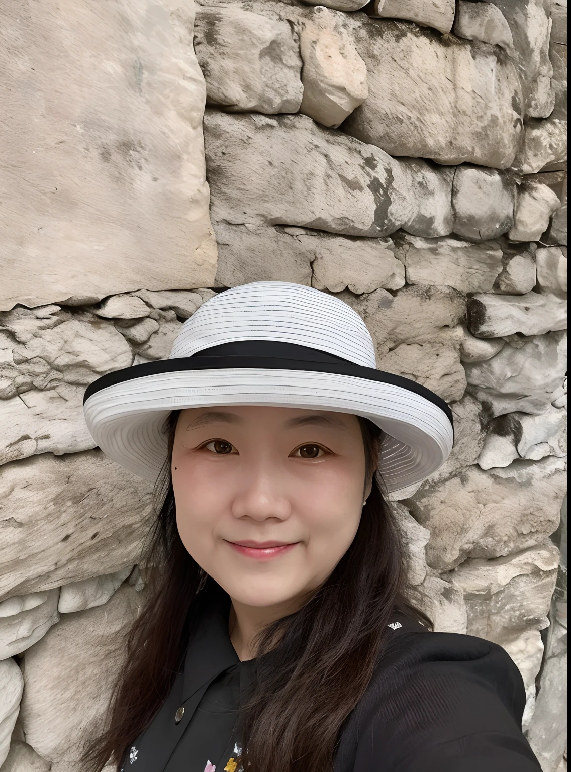 Allard woman in hat and black and white shirt, wearing a travel hat, mai anh tran, with hat, author li zhang, katherine lam, Zhang Wanting, wearing wide sunhat, She wears a cap, with straw hat, Wearing a hat, delight, inspired by Ina Wong, wearing hat, headshot profile picture, Kiyoko Suzuki