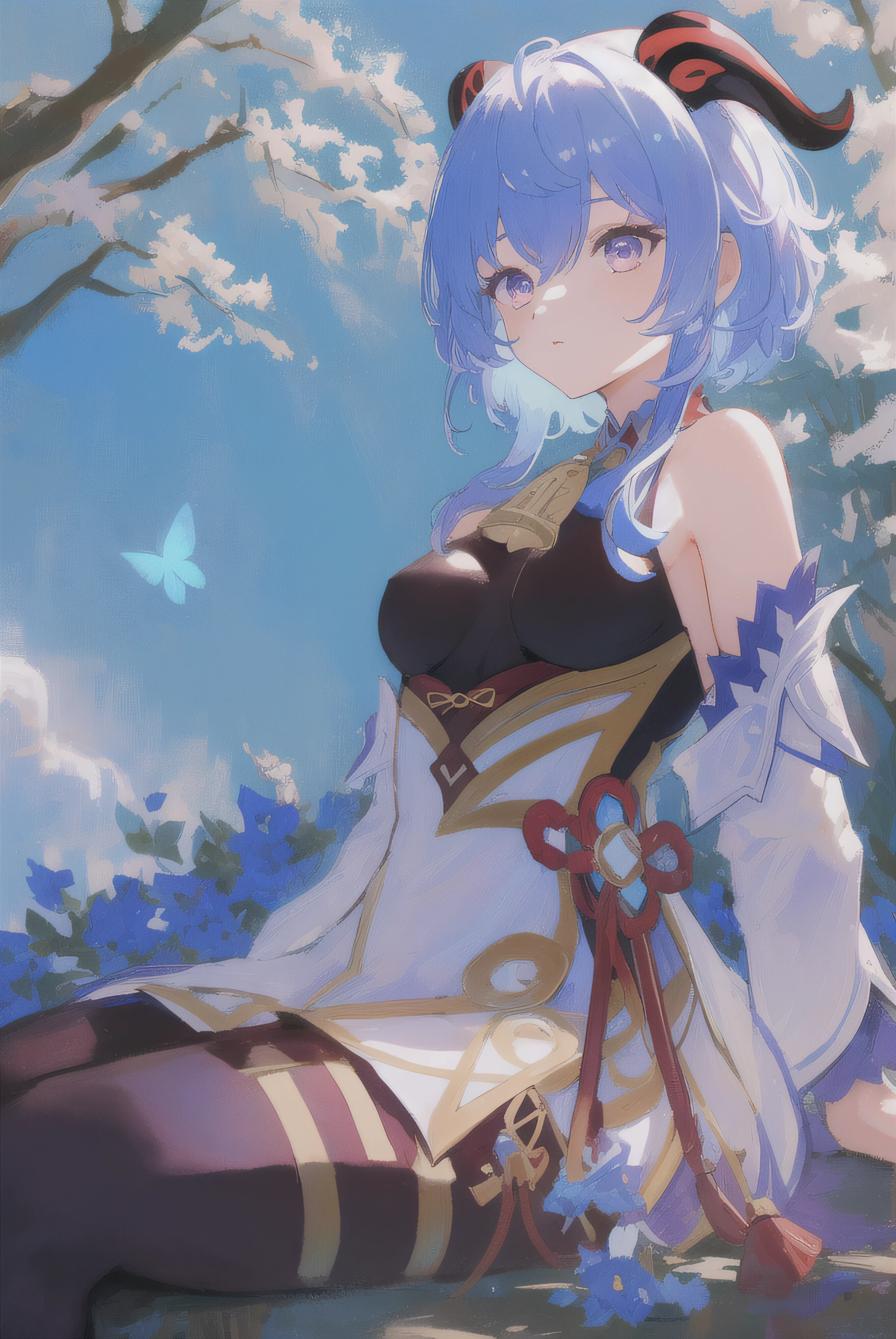((1girl, solo)),masterpiece, best quality, portrait, ultra-detail, illustration, close-up, gorgeous background, straight shot, blue hair, purple eyes, ((focus on face)), looking into the distance, forest, sun, wind, butterfly, studio lighting, yokozuwari, tree, lake, sitting, ganyu \(genshin impact\), twin horn, bare shoulder, bodysuit