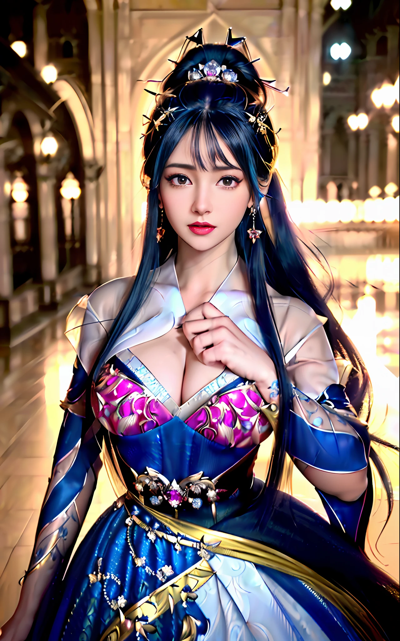 ((realisticity: 1.2)), ((realistic: 8K UHD)), ((best resolution: 8K UHD)), hyper detailed, best quality,masterpiece,highres,cg, ((1 girl hyper detailed and hyper realistic) ) , ((beautiful queen, hyper realistic and hyper detailed)),((white skin, beautiful, smooth, youthful, hyper realistic and hyper detailed )), ((Face hyper beautiful, white, hyper realistic and hyper detailed ) ), long hair, ((hyper realistic and hyper detailed dress)), solo, ((hyper realistic, hyper beautiful, beautiful and hyper detailed jewelry)), ((hyper beautiful deep red and golden yellow dress, hyper realistic and hyper detailed )) , ((Her pretty, hyper realistic, hyper detailed diamond filled earrings)), ((Her gorgeous diamond haircut, hyper realistic and hyper detailed)), ((hyper pretty upper body, hyper beautiful, hyper realistic and hyper detailed) ), ((medium breast: 1.5)), ((hyper realistic, hyper pretty, hyper detailed boobs)), ((the backgroun of the royal palace is hyper majestic, hyper realistic and hyper detailed)),((hands and palms hyper beautiful, hyper detailed, hyper realistic)), ((fingers: pinky finger, index finger, ring finger, middle finger, and thumb hyper realistic, hyper detailed, hyper beautiful)), ((hyper pretty, hyper pretty, hyper realistic and hyper detailed hair bun)), ((hyper pretty , hyper realistic and hyper detailed blue hair)), candid, Photo, high resolution, 8k , bokeh,