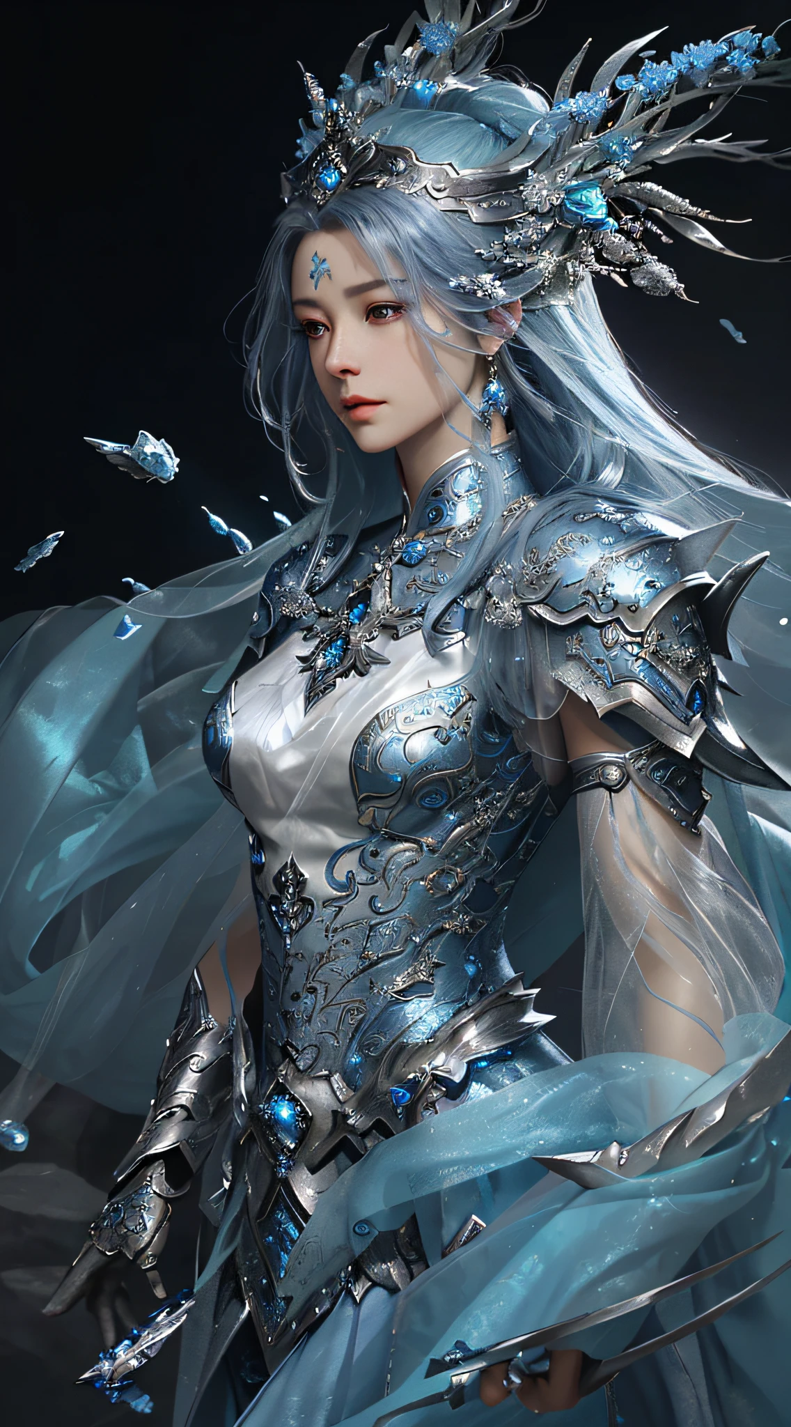 a close up of a woman in a silver and blue dress, chengwei pan on artstation, by Yang J, detailed fantasy art, stunning character art, fanart best artstation, epic exquisite character art, beautiful armor, extremely detailed artgerm, detailed digital anime art, artgerm on artstation pixiv, armor girl