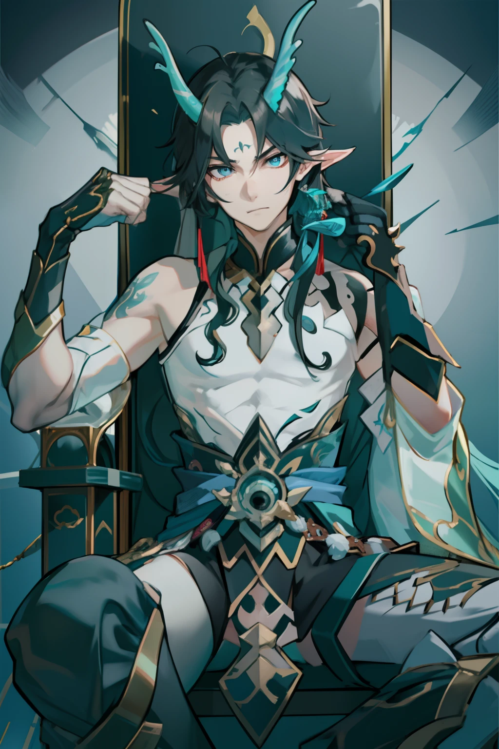 (absurderes,A high resolution,Hyper-detailing,hdr),Dragon's horn,younge boy,tmasterpiece,best qualtiy,1人,独奏,Handsome,Golden eyes,Fine eyes and detailed face,toppless,Tattooed with,arma,seated on a throne,pervert smirk,Abs,chest muscle,Raised sexy,Ruffian,Show your temperament,Male,masculine appeal,Male characteristics are distinct,Long messy hair,Arrogant self-confidence,Sitting majestically on the throne,Legs crossed,white pantie,supreme