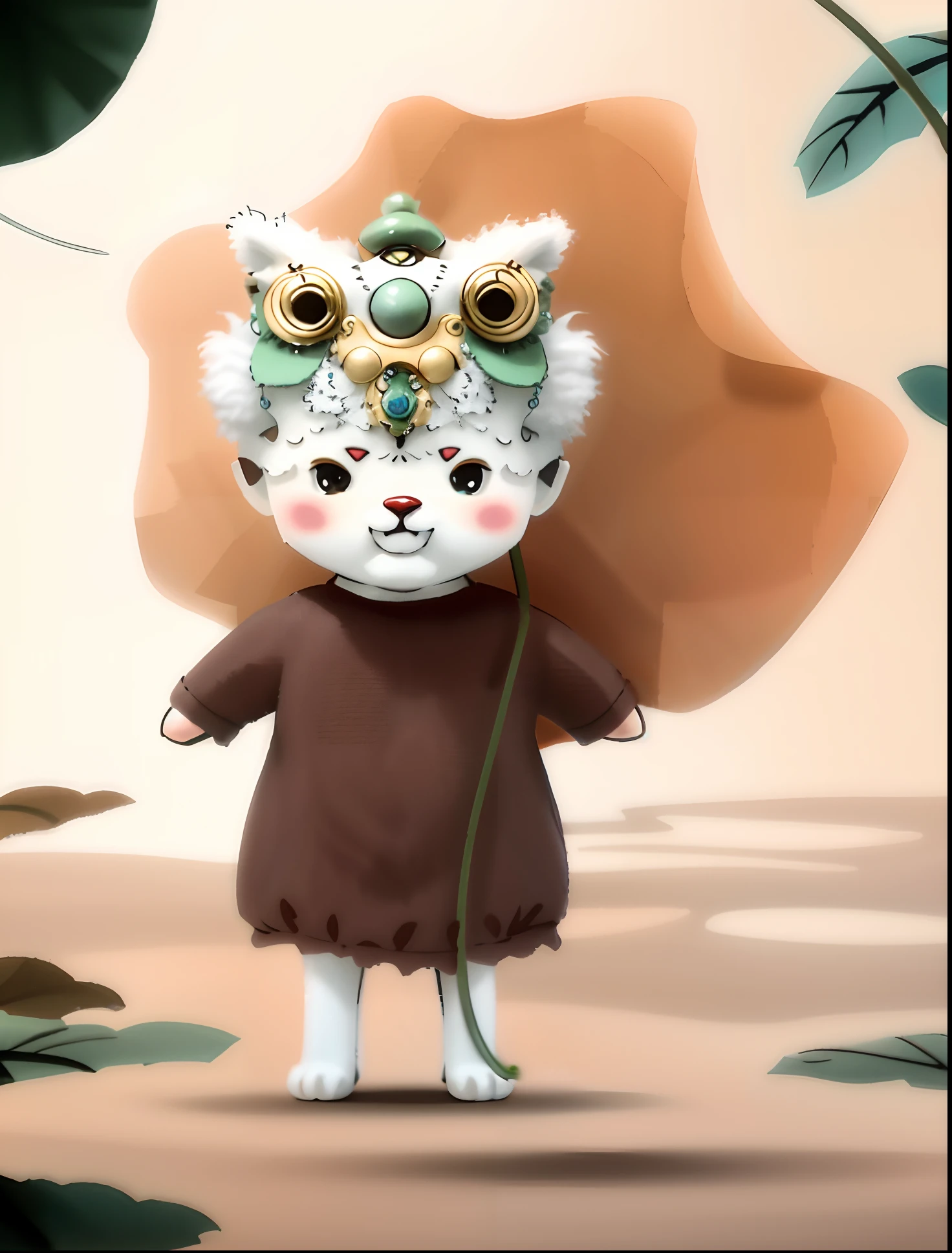 A little friend,Lotus leaf in hand,A lion's hat is worn on his head,There is a clan on the clothes