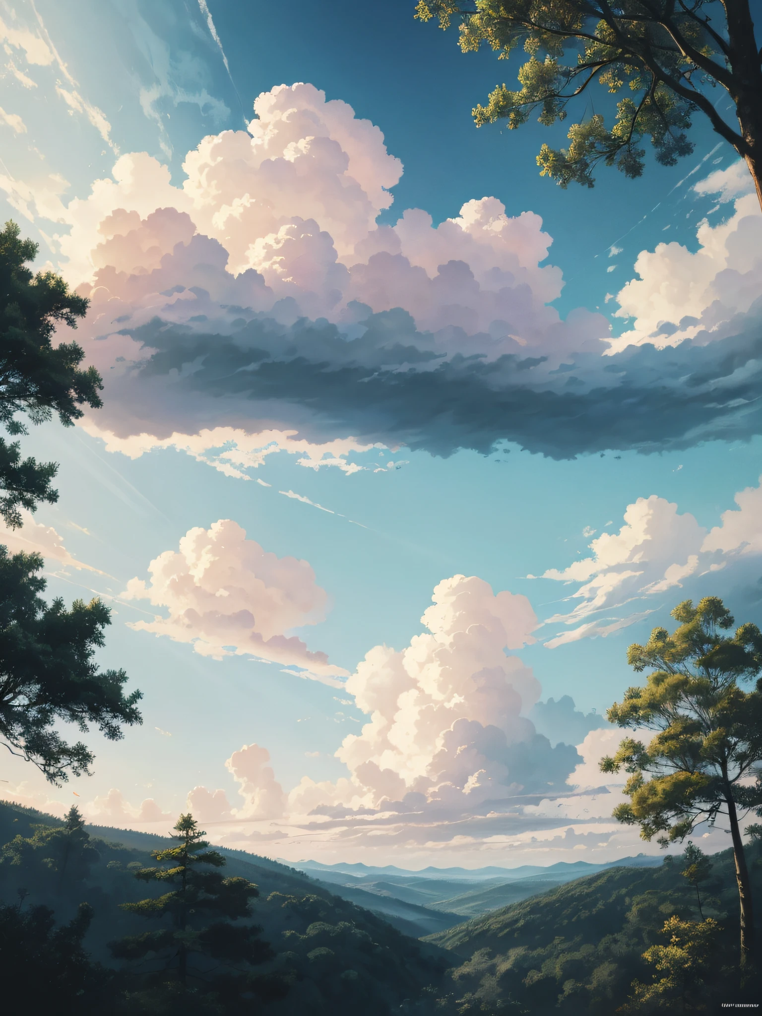 masterpiece, best quality, picture book illustration, background, long cloud is floating, close up at the sky from the forest, from below, afternoon, pastel watermark style, (no person),