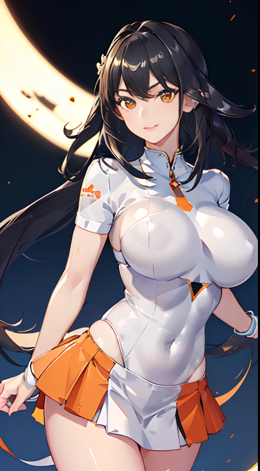 1girll, 独奏, White polo shirt, White sneakers, tennis wear, white mini-skirt, tmasterpiece, Best quality at best, realisticlying, ultra - detailed, (shiny skins, perspired:1.4), absurderes, looking at viewert, with short black hair, with brown eye,slenderness,Dynamic light and shadow,A high resolution,Sharp focus,depth of fields,The eyes are delicate,Sharp pupils,pupil realistic,(Papaya-like giant breasts:1.4),(Big breasts Thin waist:1.5),(straight thighs),exteriors,Skysky