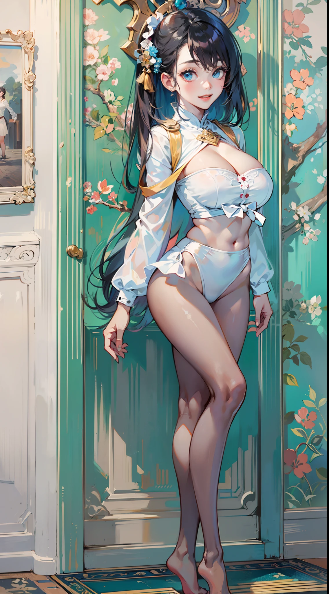 ulzzang -6500-v1.1, (Raw foto:1.2), (Photorealsitic:1.4), a beautiful detailed girl, extremely detailed eye and face, Beautiful detailed eyes, Ridiculous, Unbelievably ridiculous, huge filesize, ultra-detailliert, hight resolution, ighly detailed, top-quality, masterpiece,, ((Slender figure with big breasts)),gravure, ighly detailed, nffsw, unification, 8kwall paper, splendid, finely detail, masterpiece, top-quality, Highly detailed ticker uniform、8K、wall-paper, Light on the Face、电影灯光、24-year-old girl、((Body type of slender model))、((dynamicposes)))、(A big smile)、(Transcendent Beautiful Girl)、A dark-haired、(Random hairstyle)、((dunhuang_doress))、Whole human body、stick out buttocks、Depicted mainly on the buttocks、Big buttocks with tension、I can see the cleavage、Hotel、Royal Suite、a bed、Sleep on your back、Knees upright and legs wide open、Dark blue suit、White tight skirt、White shirt、Black underwear、