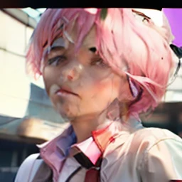 1 boys, pink hair,White shirt, realistic, Ultradetail, 70lens