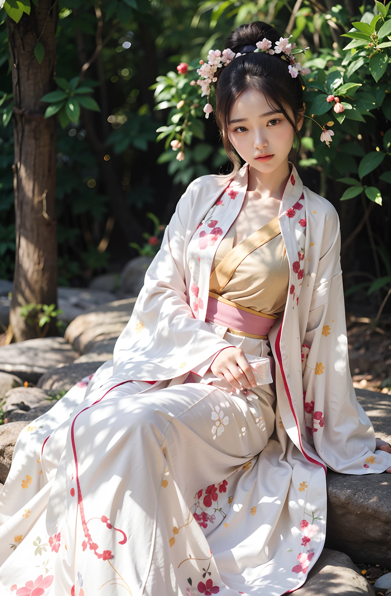 A girl wearing a kimono embroidered with plum blossoms,full stature,A plum hairpin is inserted into the head,Hair draped over the shoulders