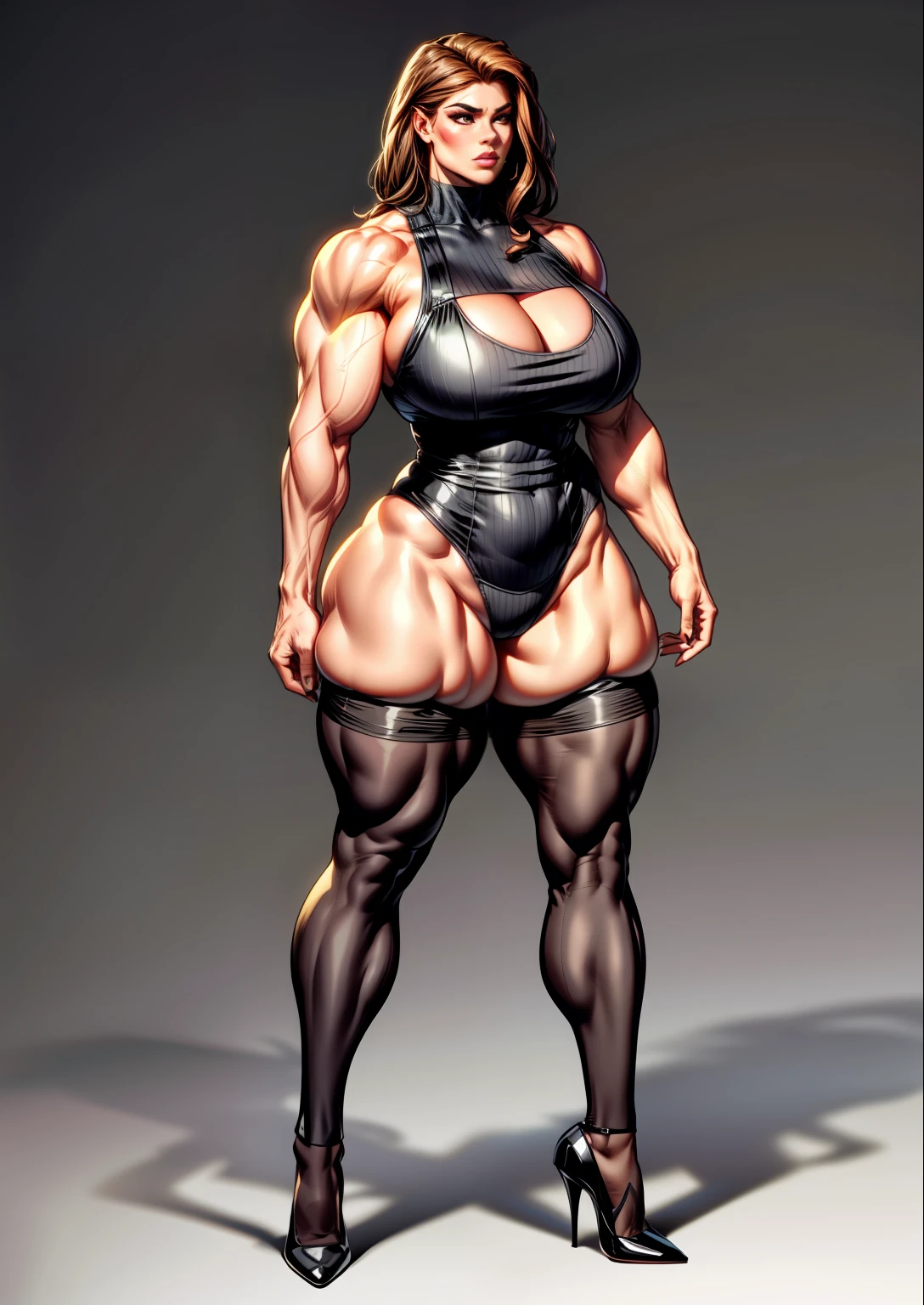 tmasterpiece,(Full body like:1.1),Burly woman,Exaggerated large muscles,Beautiful and charming woman face,walking pose,black lence stockings,high-heels,1female,Thin waist,Very broad shoulders,Huge latissimus dorsi, Oversized muscles,Strong and powerful arms,Stout arms,Thick and powerful leg muscles,Very thick calf muscles,Wide calves,long leges,