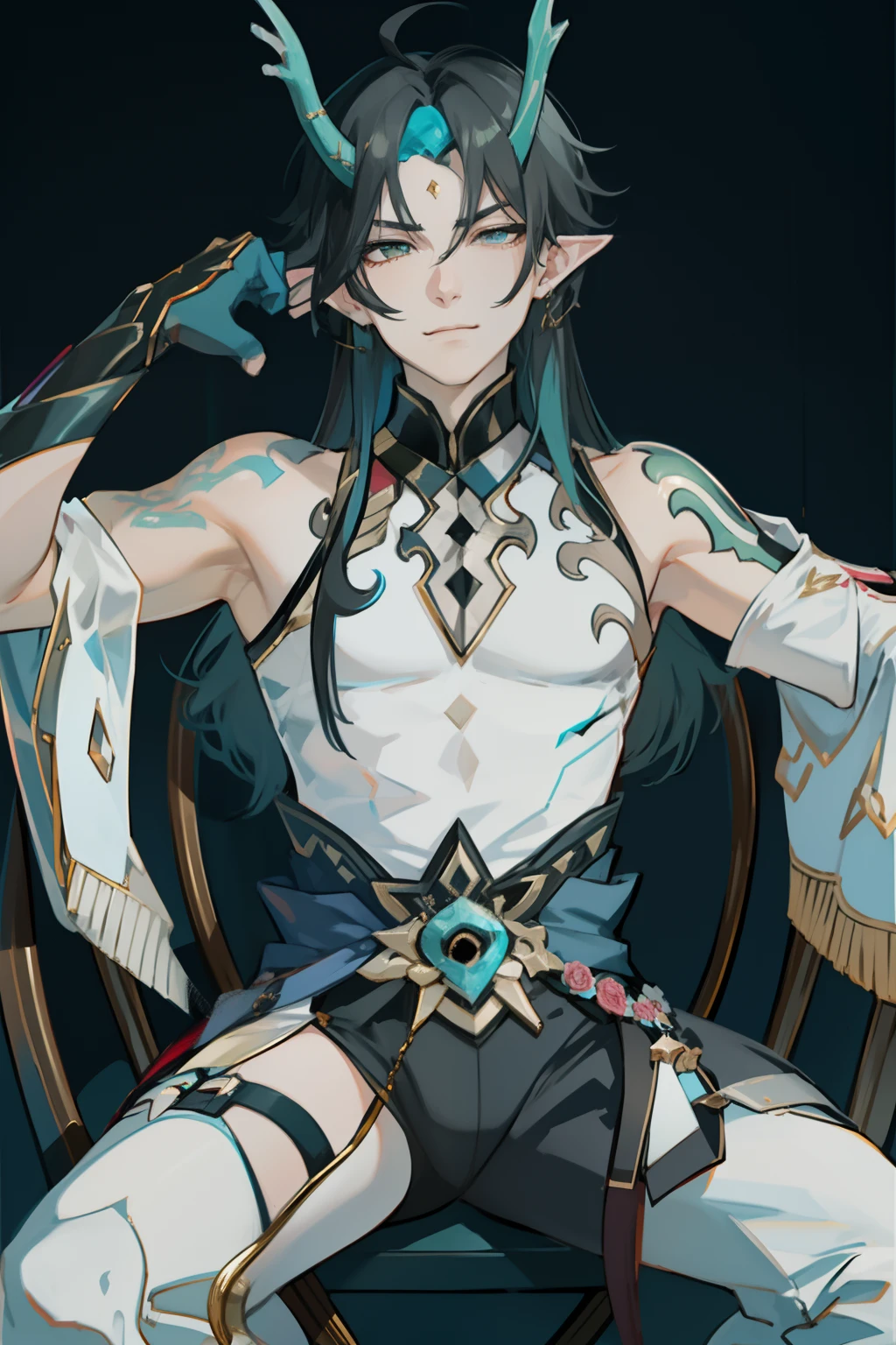 （absurderes，A high resolution，Hyper-detailing，hdr），Dragon's horn，younge boy，tmasterpiece，best qualtiy，1人，独奏，Handsome，Golden eyes，Fine eyes and detailed face，toppless，Tattooed with，arma，seated on a throne，pervert smirk，Abs，chest muscle，Raised sexy，Ruffian，Show your temperament，Male，masculine appeal，Male characteristics are distinct，Long messy hair，Arrogant self-confidence，Sitting majestically on the throne，Legs crossed，white pantie，supreme，Close your eyes and think，Lazy