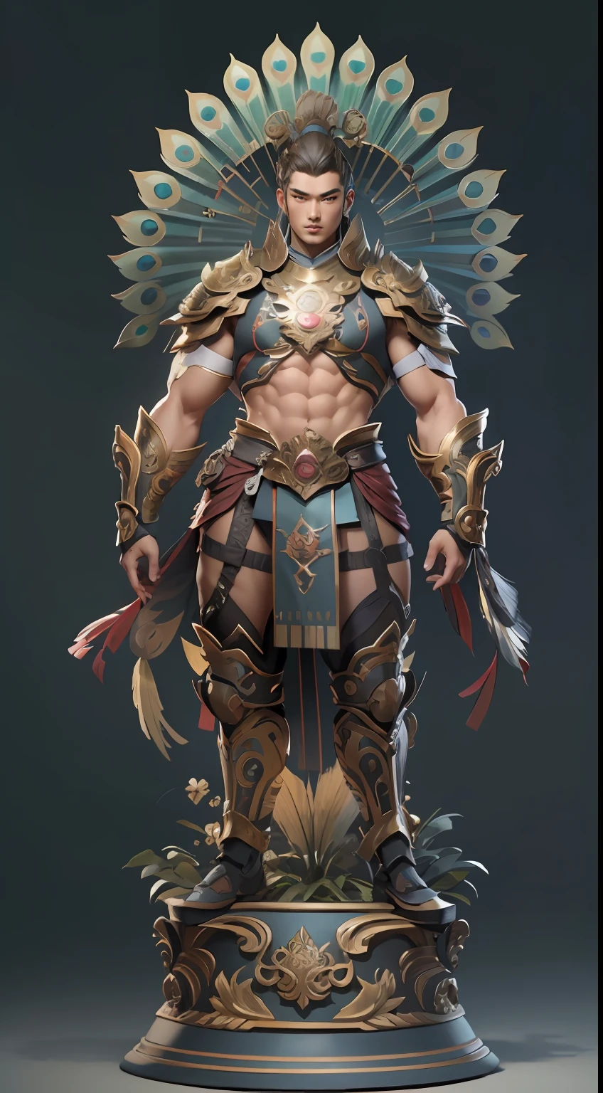 Sculpture design,Figures,GK model,The whole body of the character,Peacock decoration,The character fuses with the peacock,Expose muscles,(Exquisite base),Wu Yifan,Handsome cybernetic boy looking at camera lingerie detailed muscular reality masterpiece,musculous