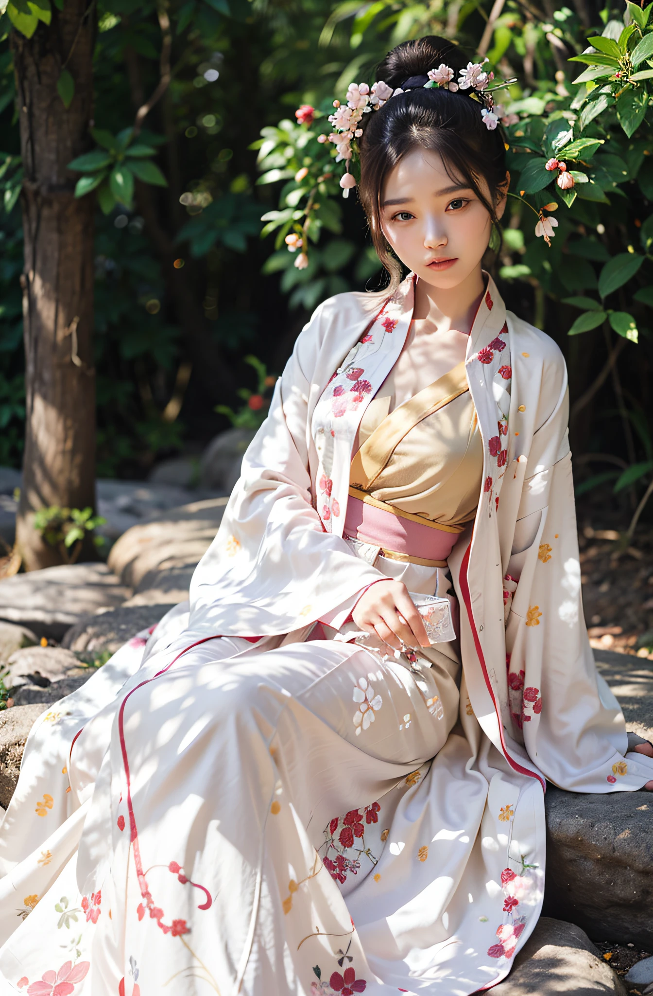 A girl wearing a kimono embroidered with plum blossoms,full stature,A plum hairpin is inserted into the head,Hair draped over the shoulders