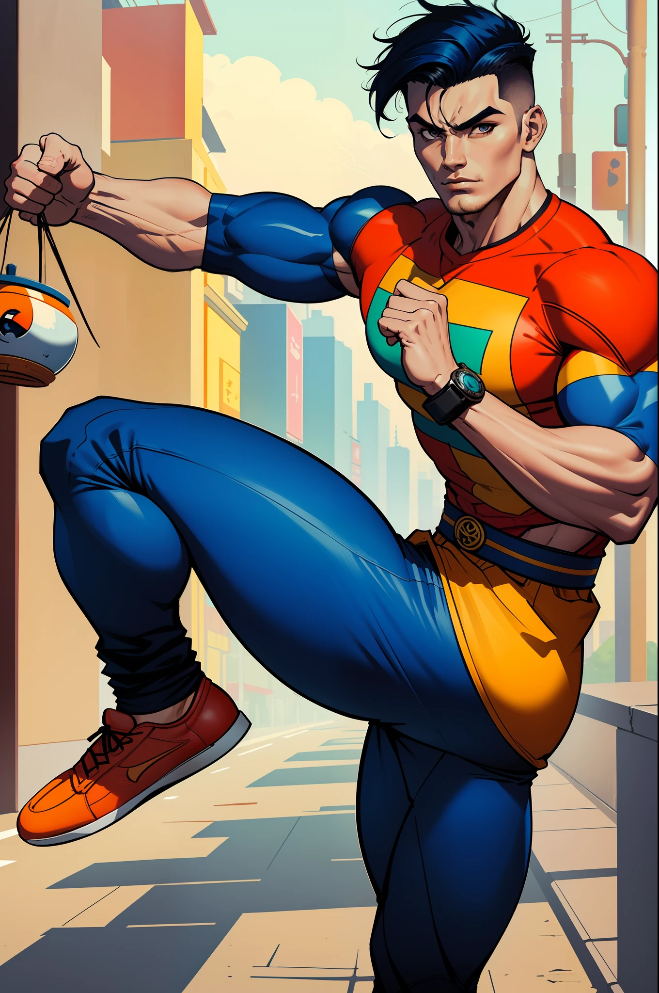 Color block bodybuilding man in T-shirt and pants ,(((The right hair covers the right eye))),Handsome,20 years old,street of hong kong,kung fu pose,Kicking,Line art,Highest contrast