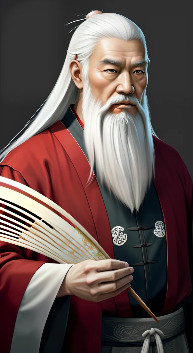 Asian Chinese man with long white beard, Long white hair, ultradetailed digital painting, inspired by Wu Daozi, portrait saruman, Ukrainian monks, portrait of monk, Godrays digital painting,The background is in the study,Show off your upper body completely,Folding fan in hand,Whole body diagram,Towards me