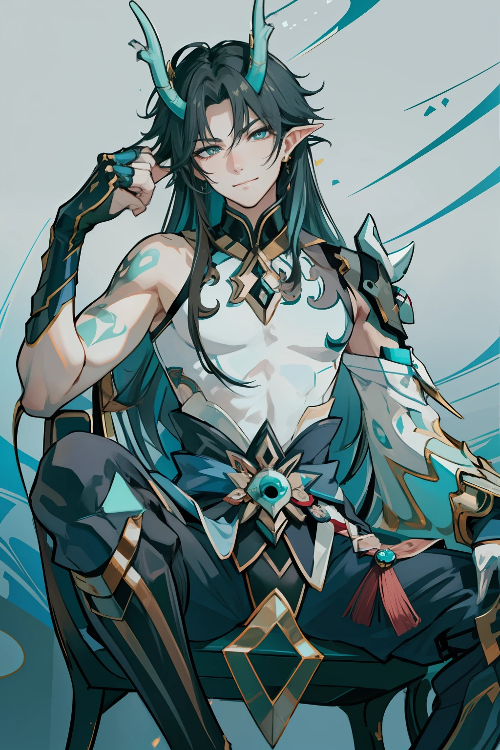 (absurderes,A high resolution,Hyper-detailing,hdr),Dragon's horn,younge boy,tmasterpiece,best qualtiy,1人,独奏,Handsome,Golden eyes,Fine eyes and detailed face,toppless,Tattooed with,arma,seated on a throne,pervert smirk,Abs,chest muscle,Raised sexy,Ruffian,Show your temperament,Male,masculine appeal,Male characteristics are distinct,Long messy hair,Arrogant self-confidence,Sitting majestically on the throne,Legs crossed,white pantie,supreme,Close your eyes and think,Lazy