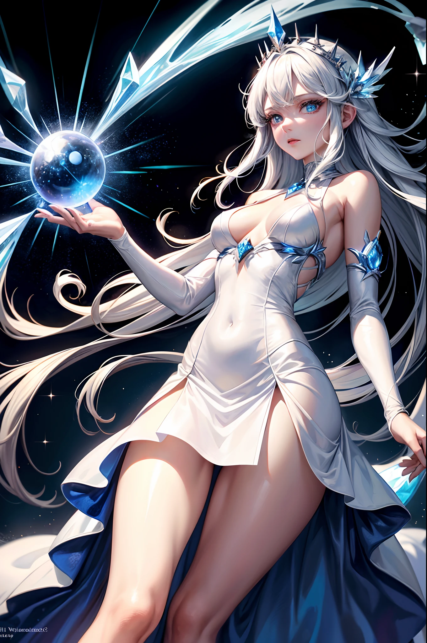 (absurdres, highres, ultra detailed), masterpiece, best quality, a wooman with in white dress outfit, wizard, solo, handsome, long hair, white platinum hair, blue eye, glowing eye, athletic, slim body, small breasts, glow effect, ice , finely eye, detailed face, ice spark, ice swirl, ice magic vortex, fantasy background, from below, looking at viewer, ice aura, ice magic