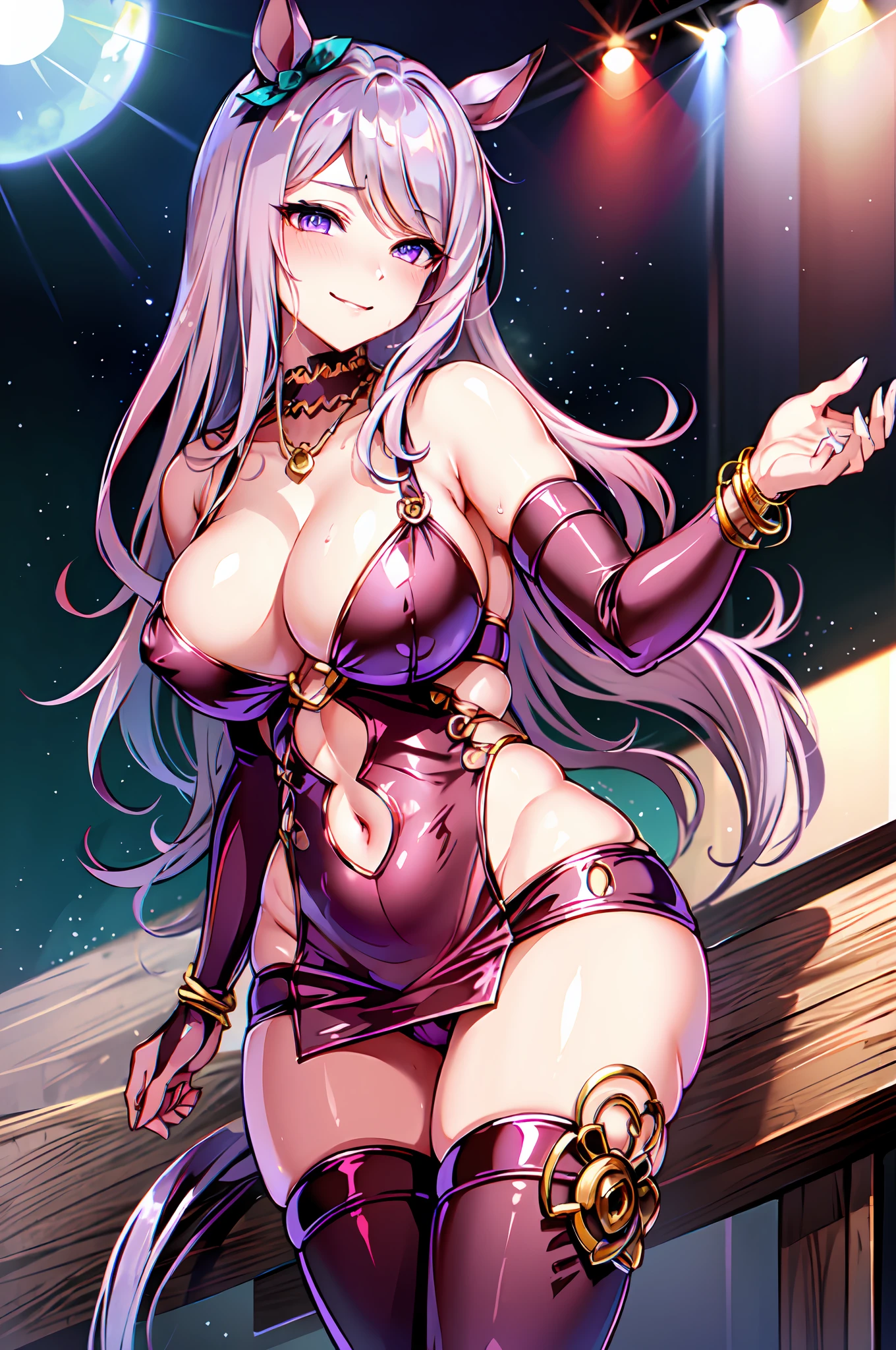 1girl, (solo), masterpiece, best quality, detailed face, face focus, (evil smile), smirk, frown, (vulgarity:1.2), steam, breath, sweat, shiny skin large areolae, puffy nipples, huge breasts, anime girl wearing a pink dress, microdress, shiny dress, elbow gloves, navel, waist cutout, underwear, microskirt, thigh highs, o-ring, necklace, bracelet, golden, jewelry, BREAK, Mejiro McQueen, bright pupils, horse ears, horse girl, long hair,Mejiro McQueen, bright pupils, horse ears, horse girl, long hair, mejiro_mcqueen_\(umamusume\), purple eyes, ear_ribbon,