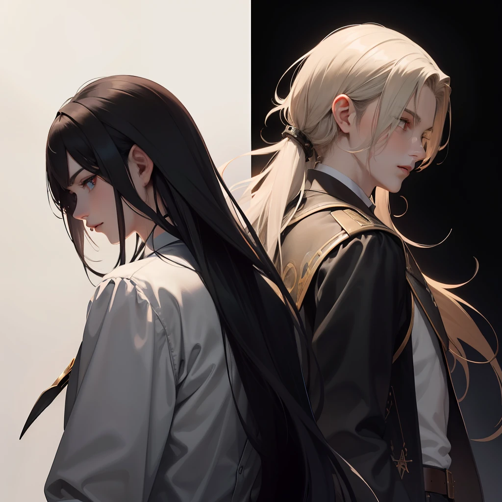 A man with long hair,A man with short hair,back-to-back,sideface,Delicate facial features,Department of Fantasy,Light and darkness,magia,alchemic,Background with,The dagger crosses with the pistol,Soul floats,Dual personality,